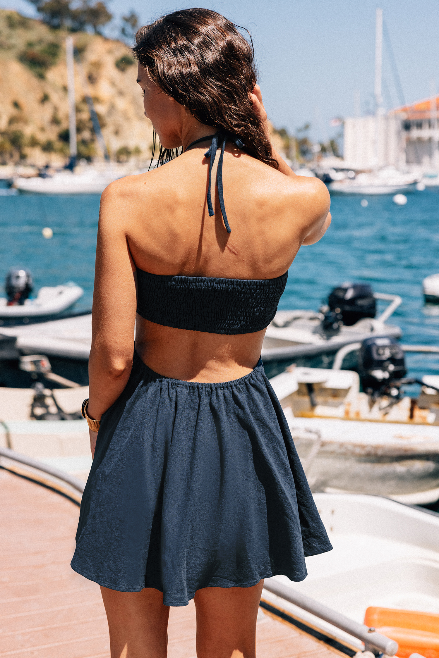 Robe mini en pur coton et lin à col rond en cœur bleue