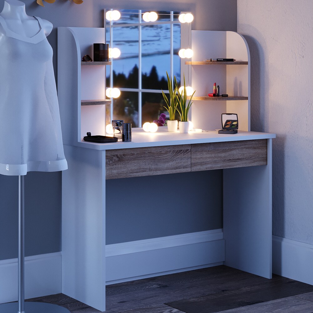 VICCO LED Schminktisch CHARLOTTE Frisiertisch Weiß Eiche Kommode Kosmetiktisch