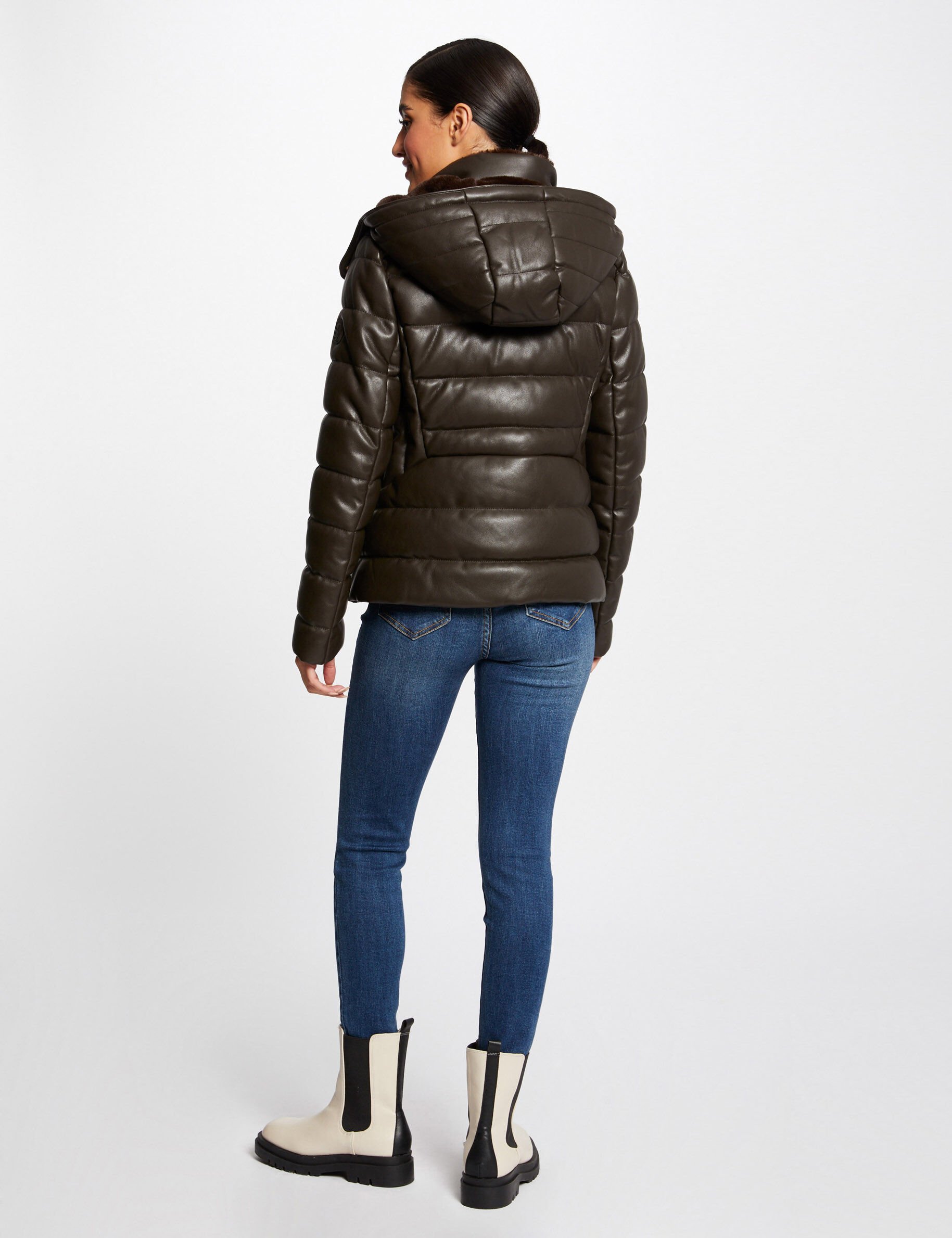 Doudoune droite à capuche marron femme - marron