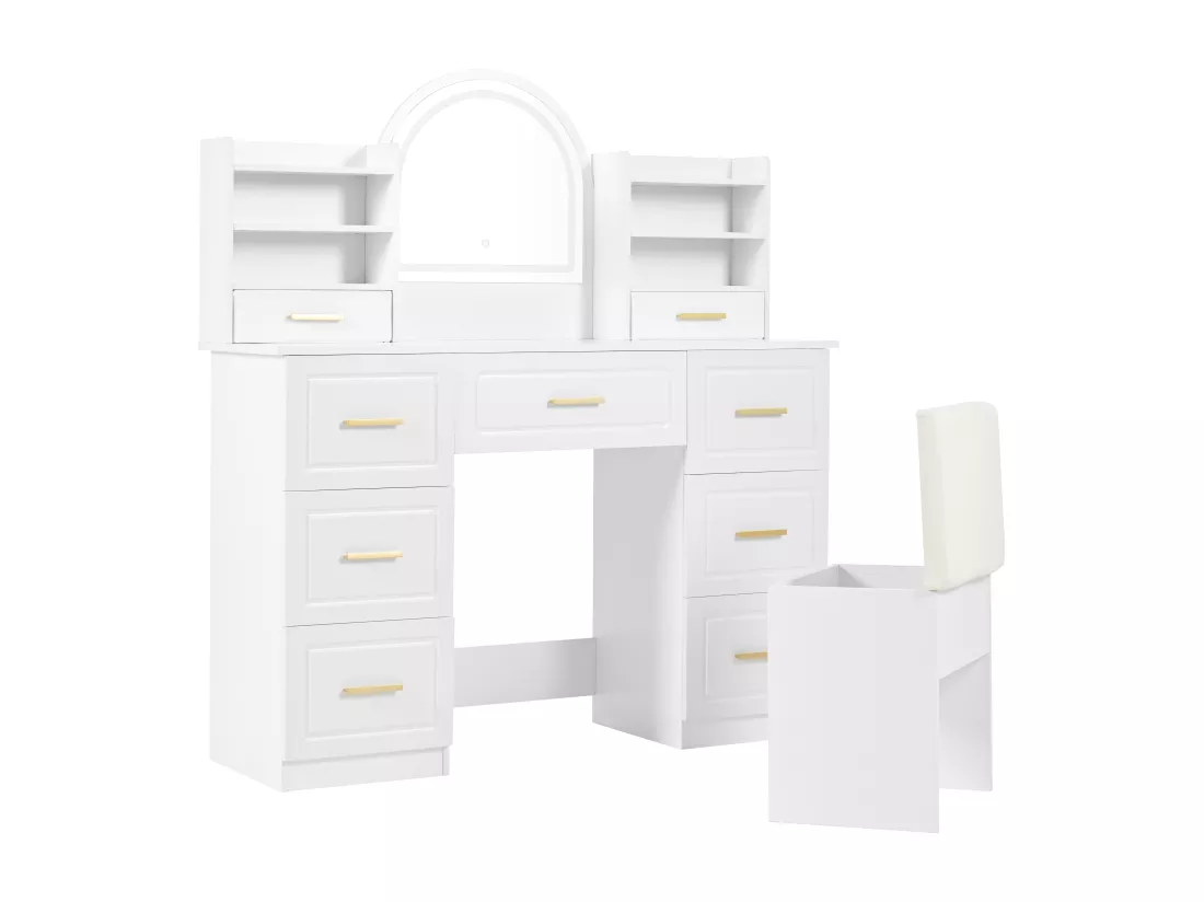 Coiffeuse avec 9 tiroirs, miroir et tabouret - 120 x 40 x 135 cm - LEDs - Panneau de particules - Blanc