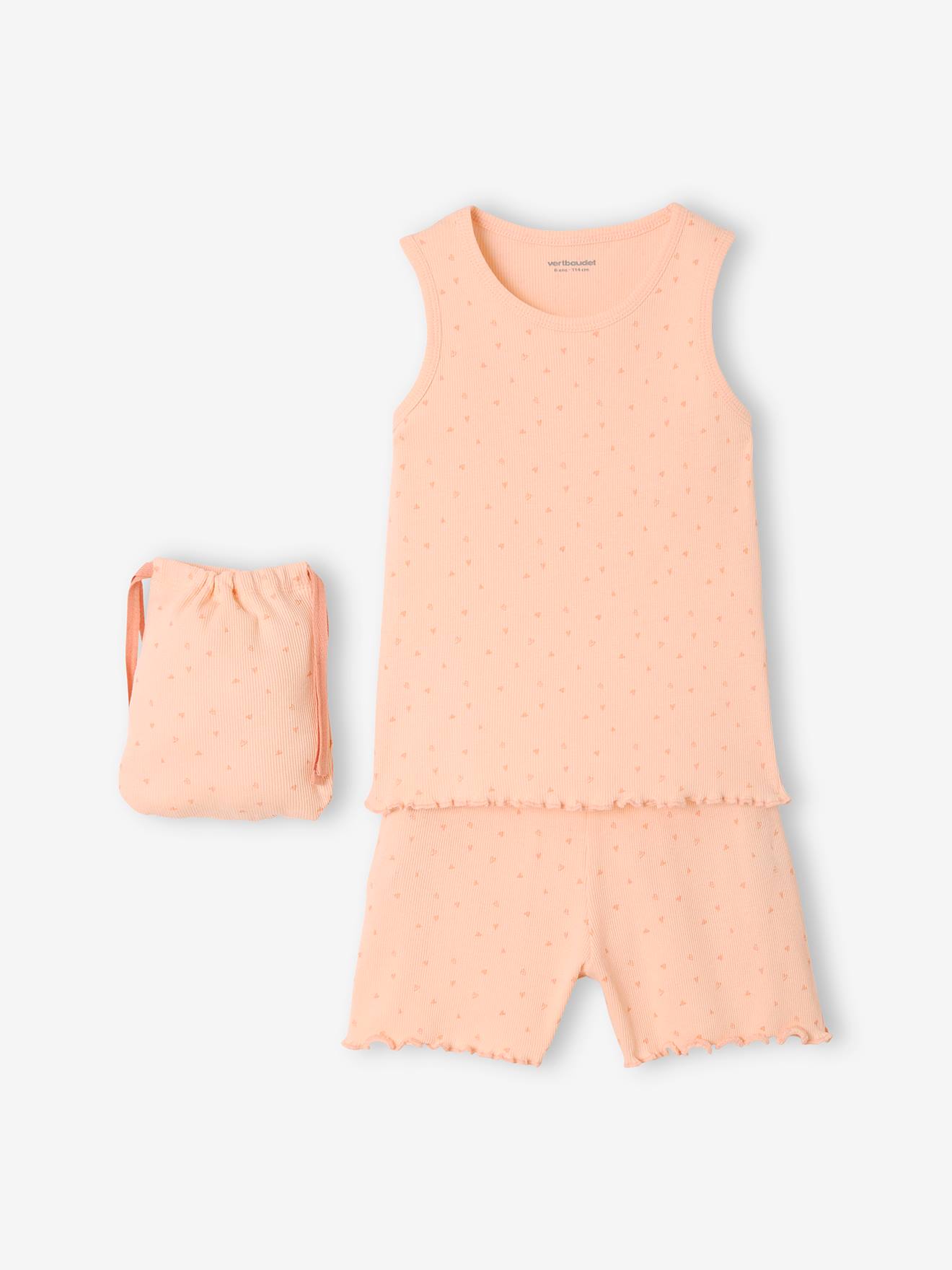 Conjunto de pijama rosa claro estampado com shorts e bolsa de malha canelada para meninas