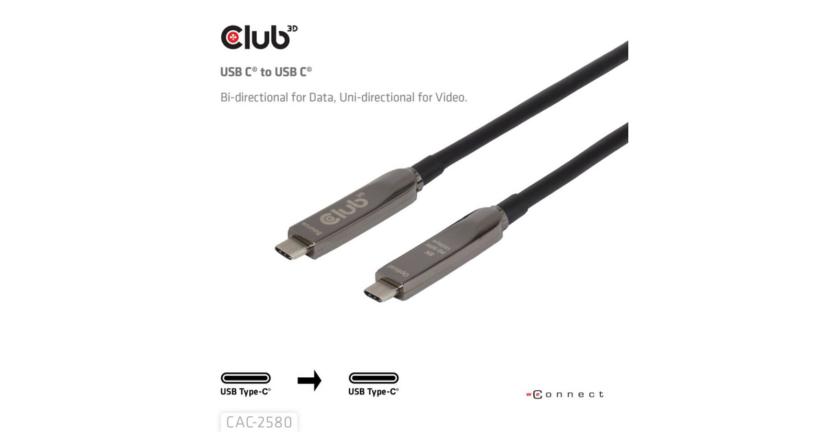 Club 3DFull-Feature USB-C kabel, 15m  (Zwart, 8K60Hz 10Gbps 60W)