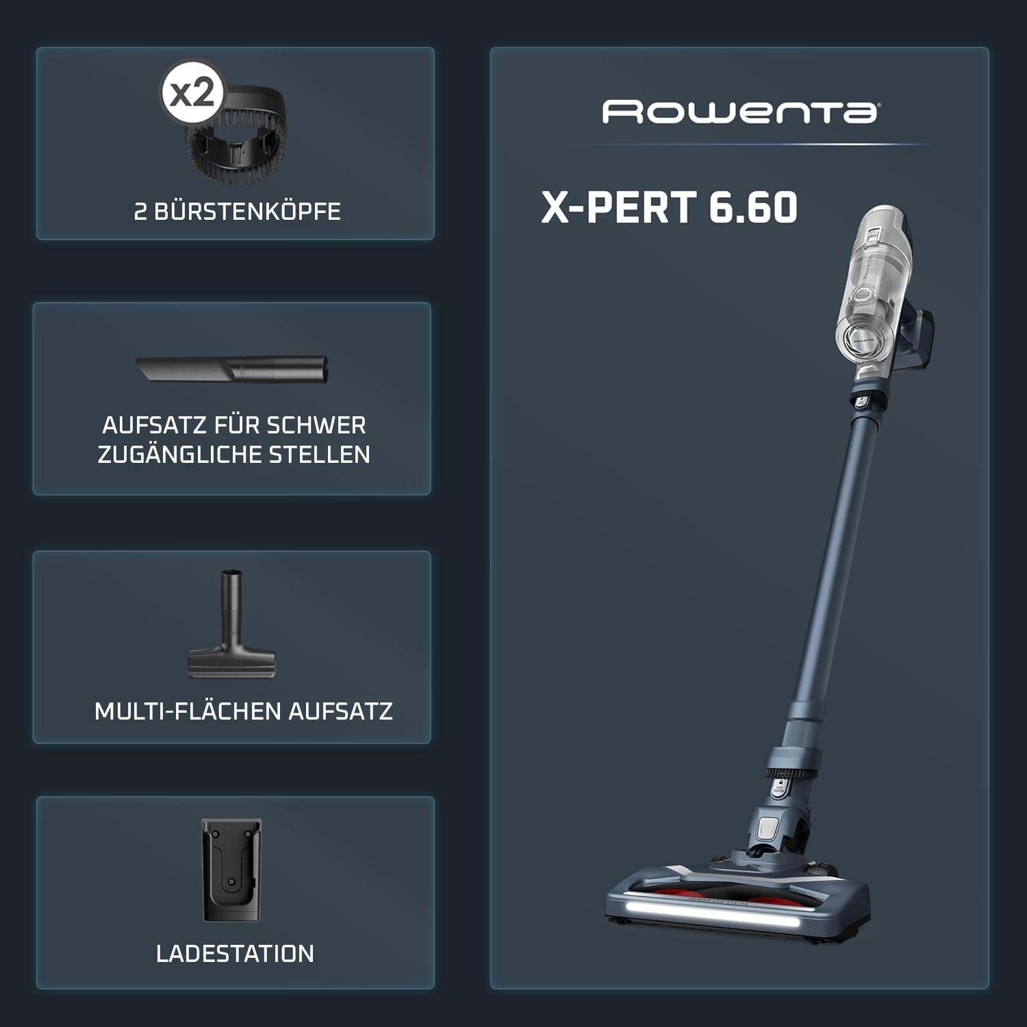 Rowenta X-Pert 6.60 Akkustaubsauger, 100 W Leistung, 45 Min Laufzeit, kabellos & beutellos, LED-Bürstenkopf, herausnehmbarer Akku, 0,55 l Behälter, inkl. Fugendüse und Wandhalterung, grau, RH6836EO
