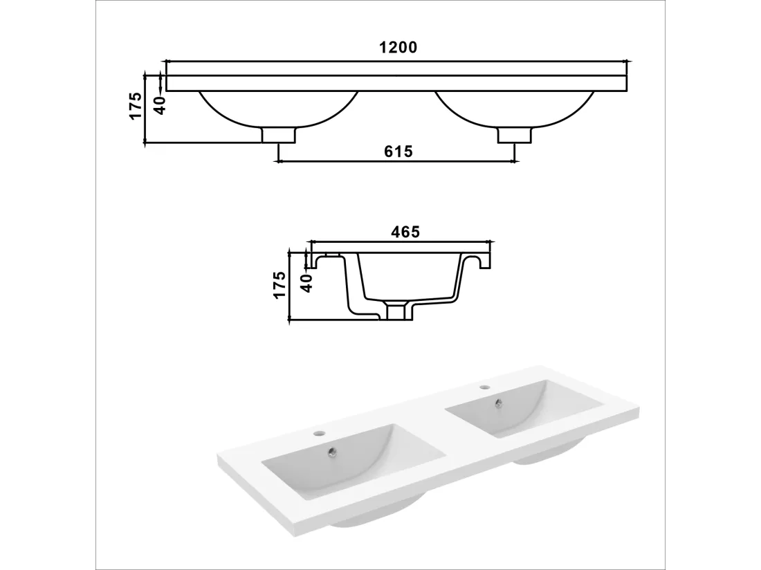 Aica vasque double Résine de synthèse blanc l.120 x P.46.5 cm vasque à encastrer