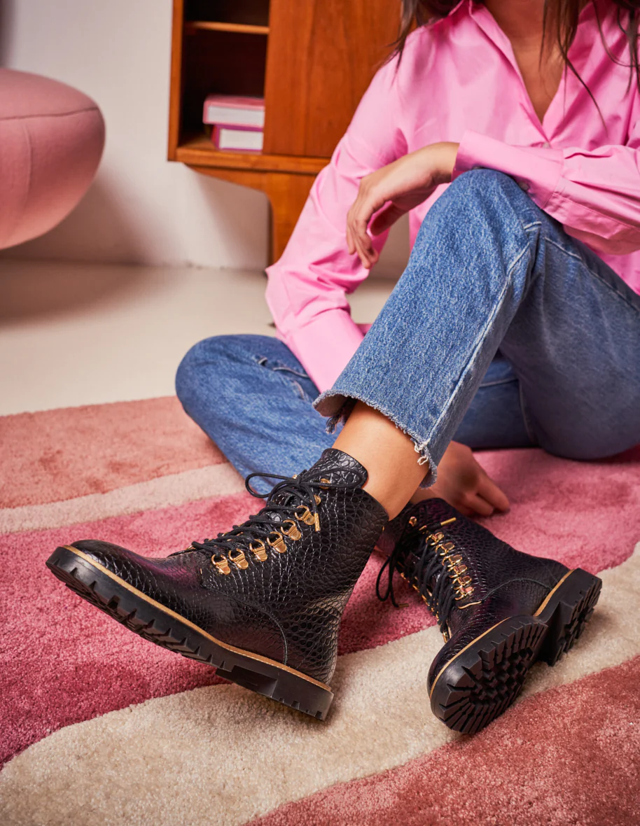 Bottines à lacets Alix - Cuir Croco Noir