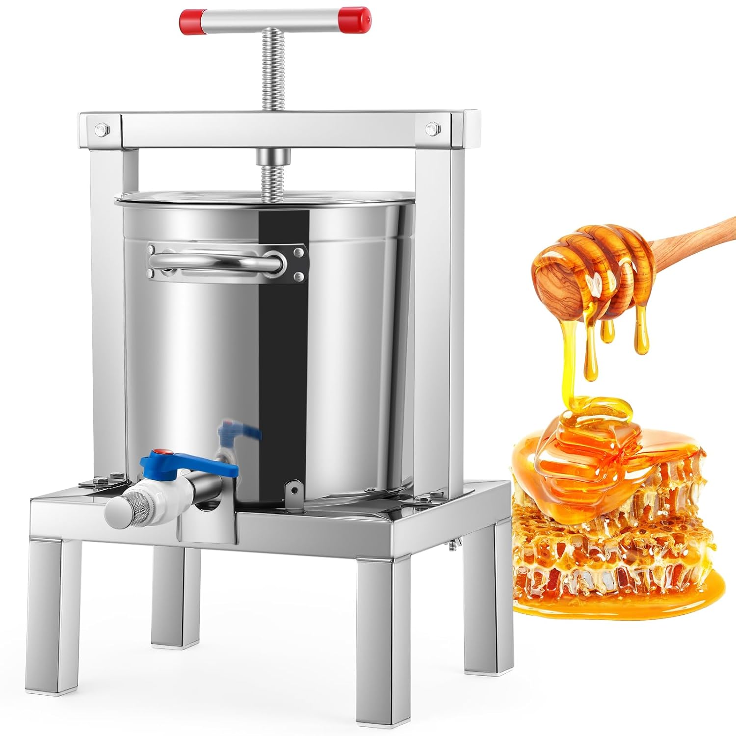 Moongiantgo 10L Manuelle Honigpresse Extraktor, Obst- Und Weinpresse Aus Edelstahl Mit T-Förmigem Griff, Vollständig Geschlossen, Mehrfache Filtration, Abnehmbar Für Honig, Saft, Wein, Cider (10L)
