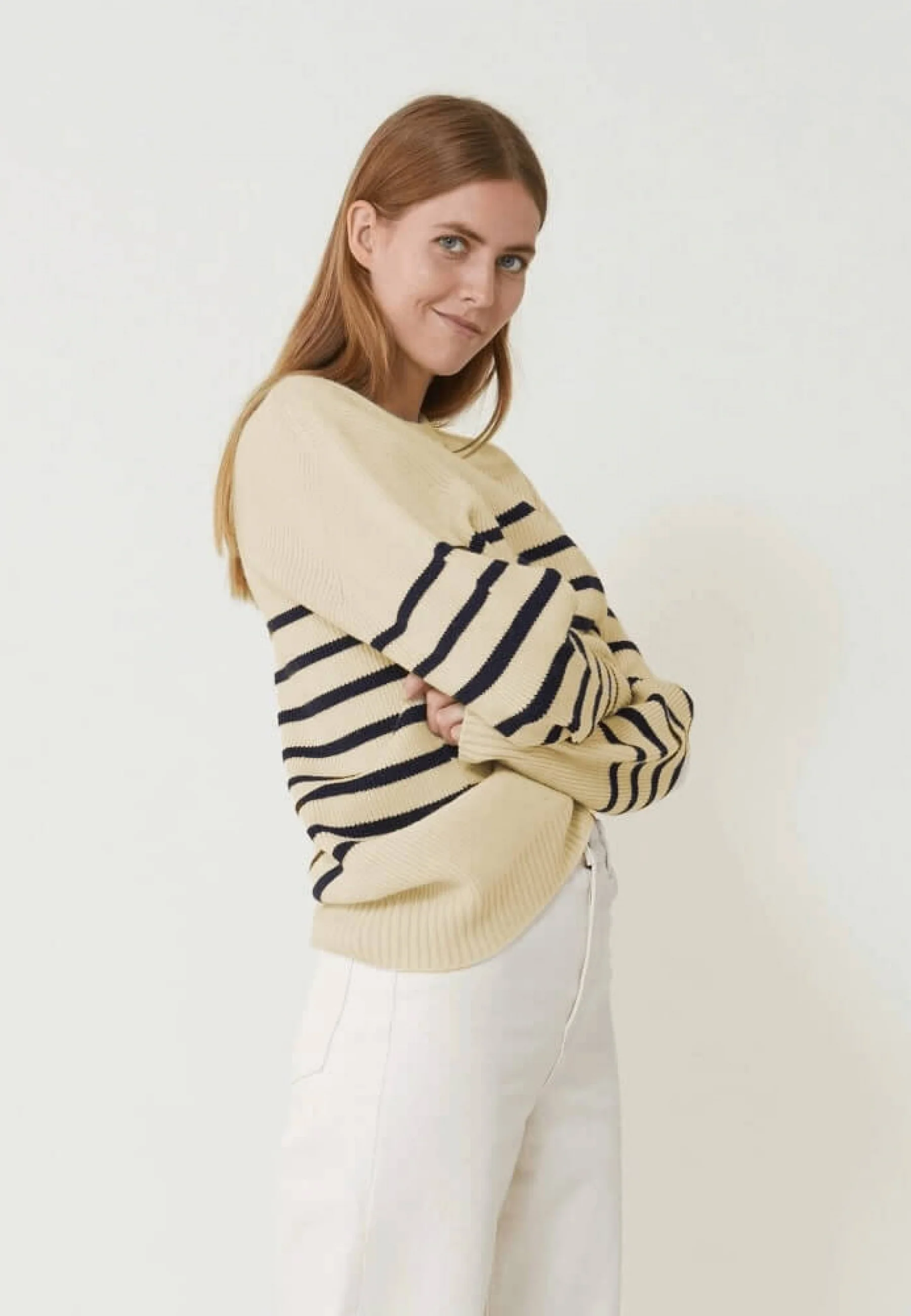 Pull mixte en laine française-Lude Marinière Ecru Marine