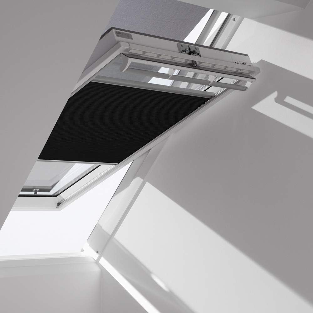 Original VELUX Vorteils-Set ( Faltstore DuoLine + Hitzeschutz-Markise ) für GGL / GPL / GHL / GTL F06 in Stofffarbe 1047 / Uni Schwarz – Markise in 5060 schwarz, Seitenschienen in Silber / FOP F06 1047S