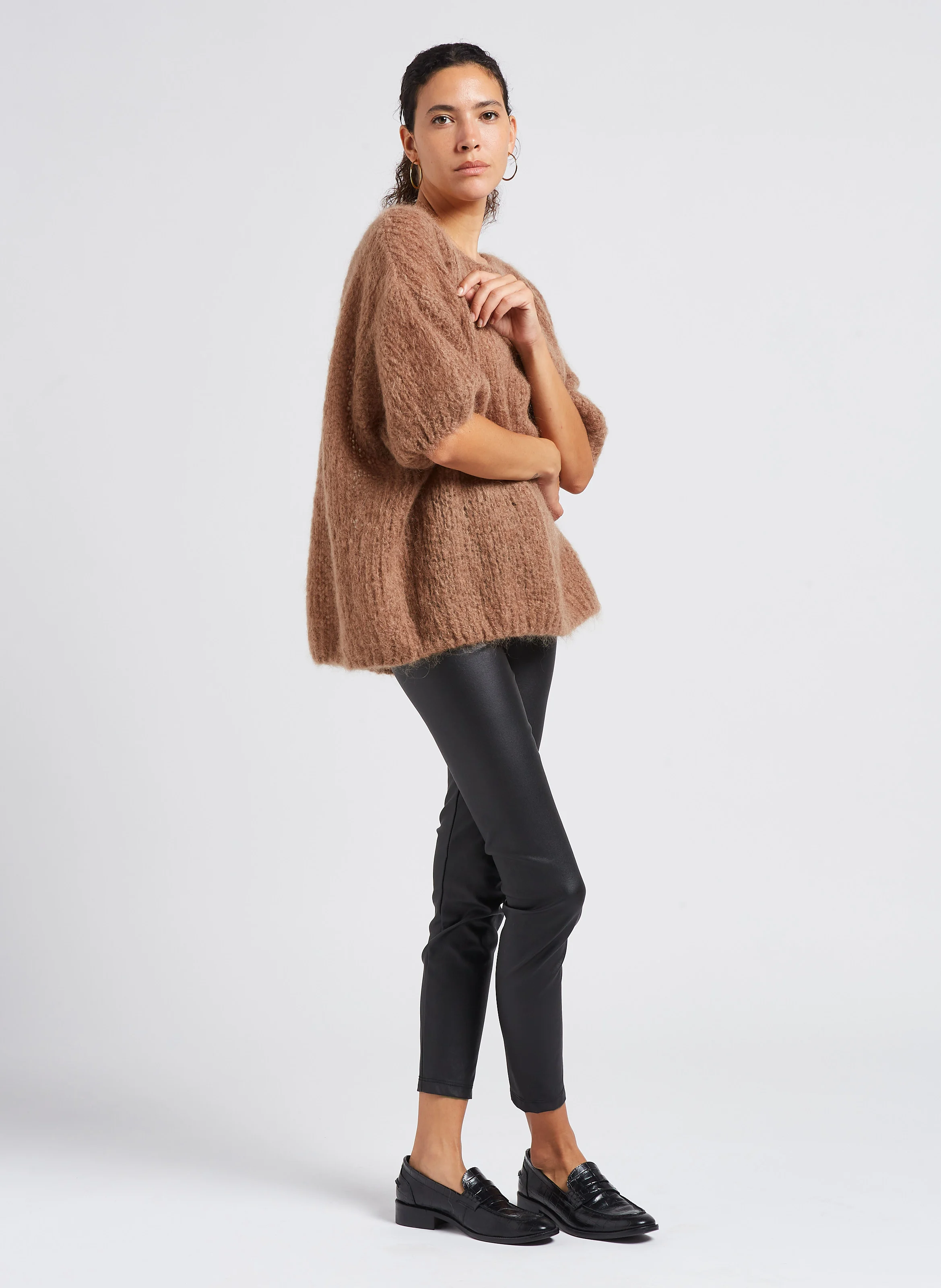 Pull col rond ample en laine mélangée | Marron