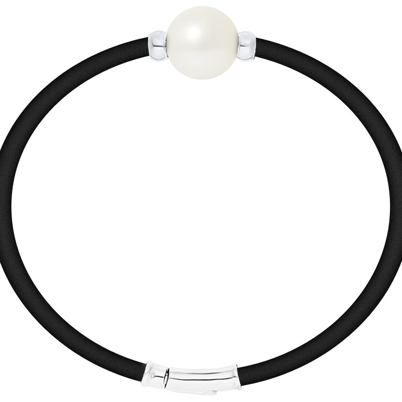 Bracelet Néoprène, Perle de de Culture Blanche et Argent Massif 925