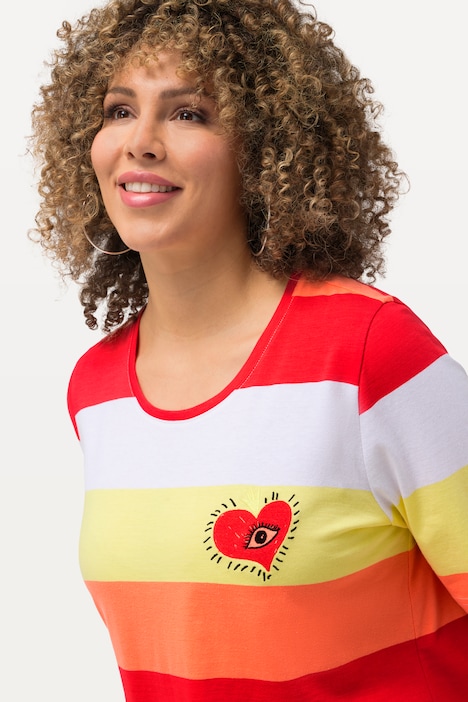 T-Shirt, Ringel, Stickerei, Rundhals, Halbarm