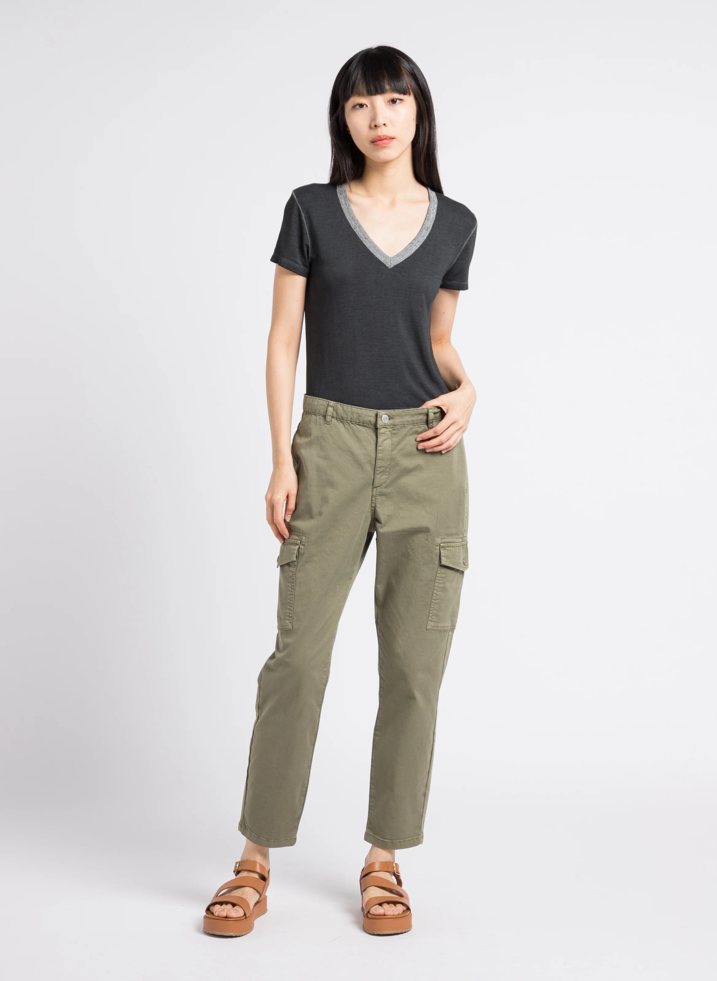 Jean cargo cropped en coton mélangé | Kaki