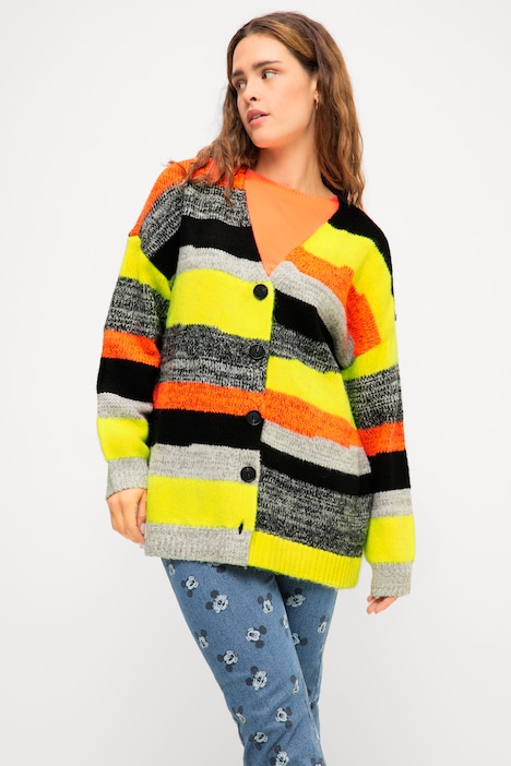 Strickjacke, oversized, Streifen, V-Ausschnitt, Langarm
