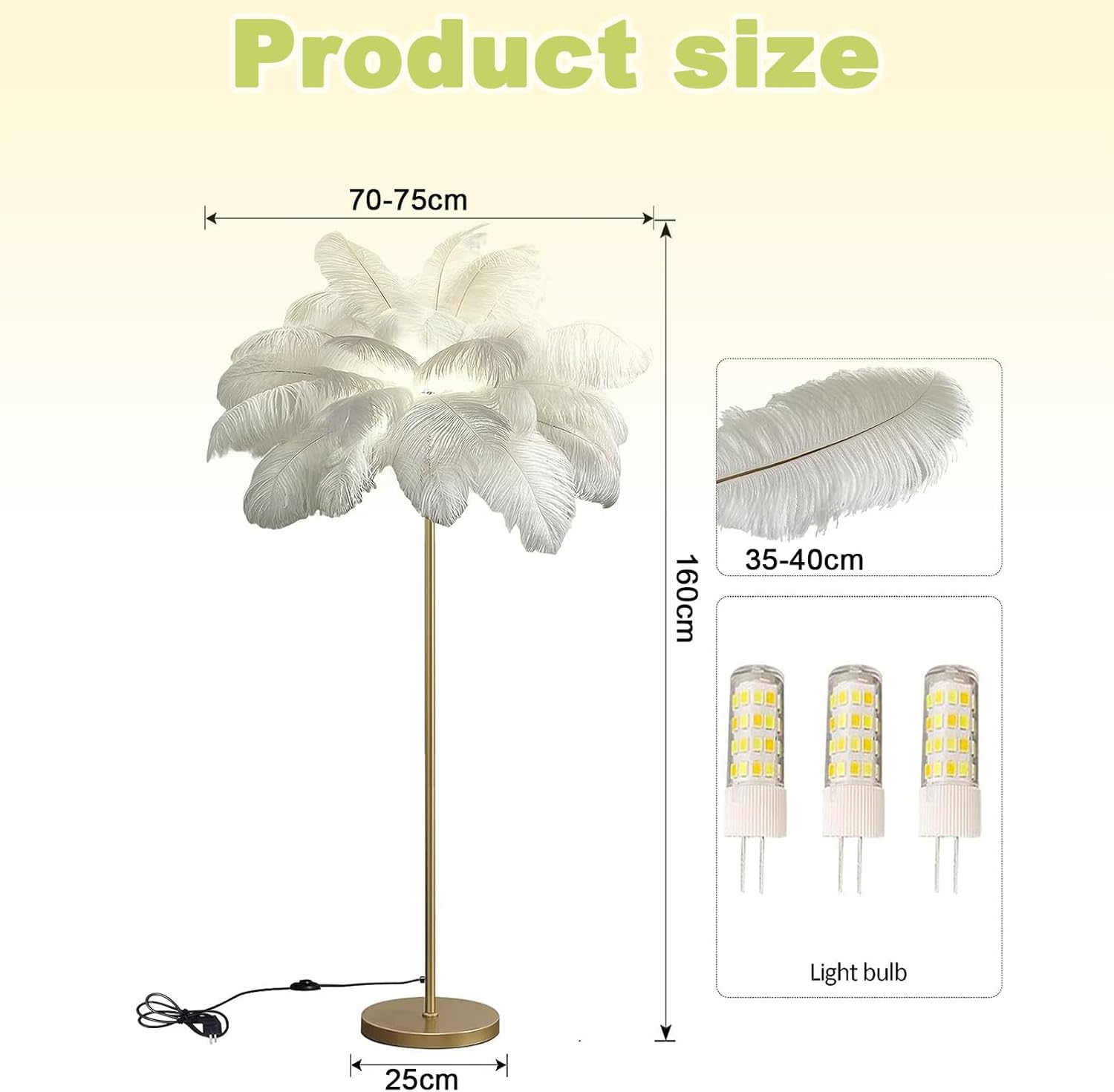 Federlampe Stehlampe, Moderne 160cm Große Straußenfeder-Stehlampe, Gold Stehleuchte mit Federn Lampenschirm, 3-farbig Dimmbar, mit Knopfschalter Dekorbeleuchtung (White)
