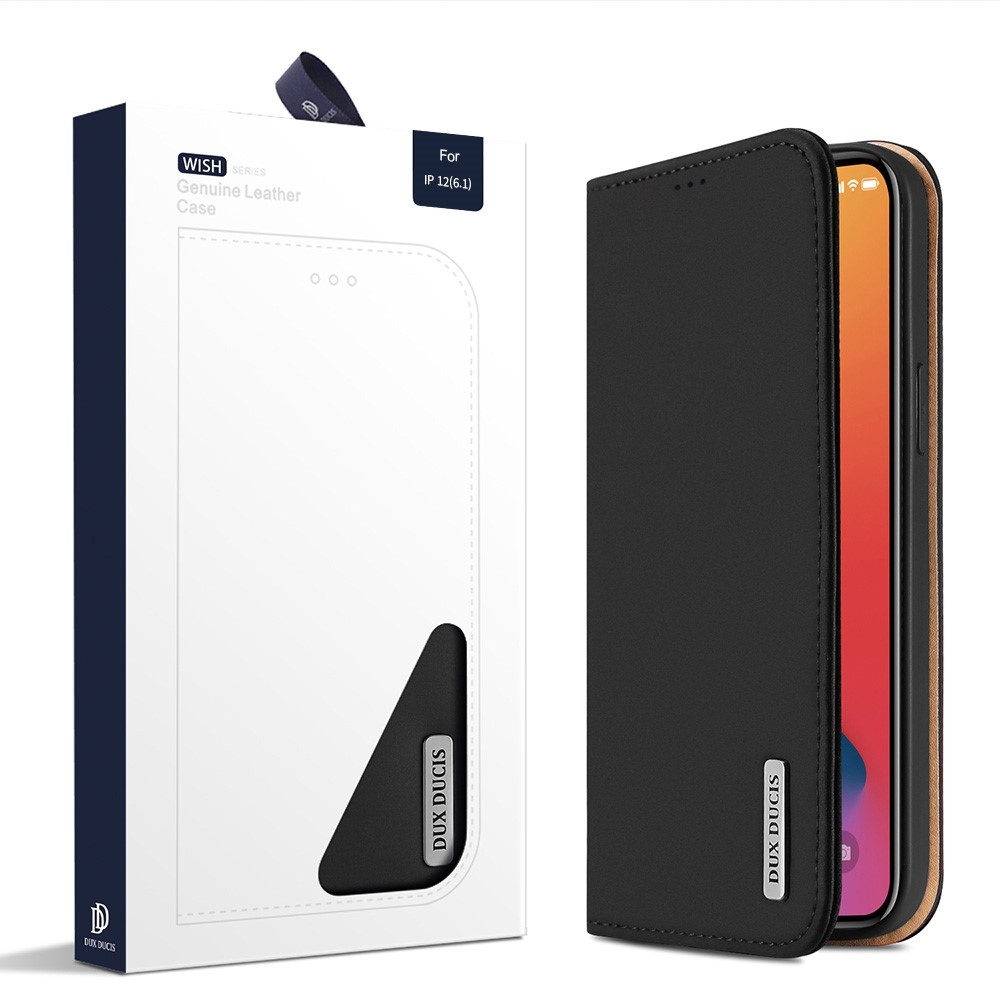 iPhone 12 / iPhone 12 Pro Flip Wallet Cover Echtleder Tasche Wish Series - Schwarz