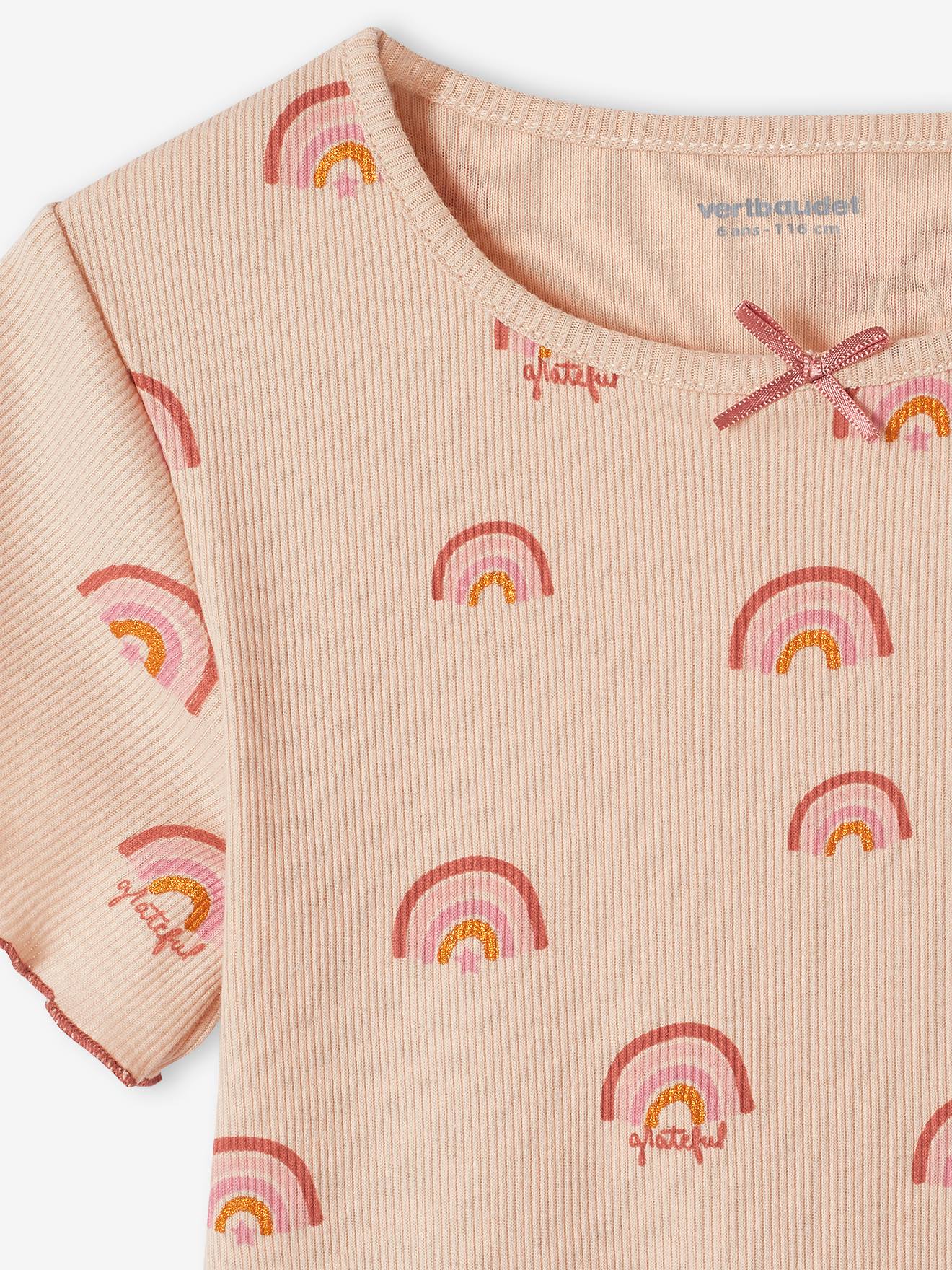 Conjunto de 2 pijamas de malha canelada com shorts para meninas, rosa claro.