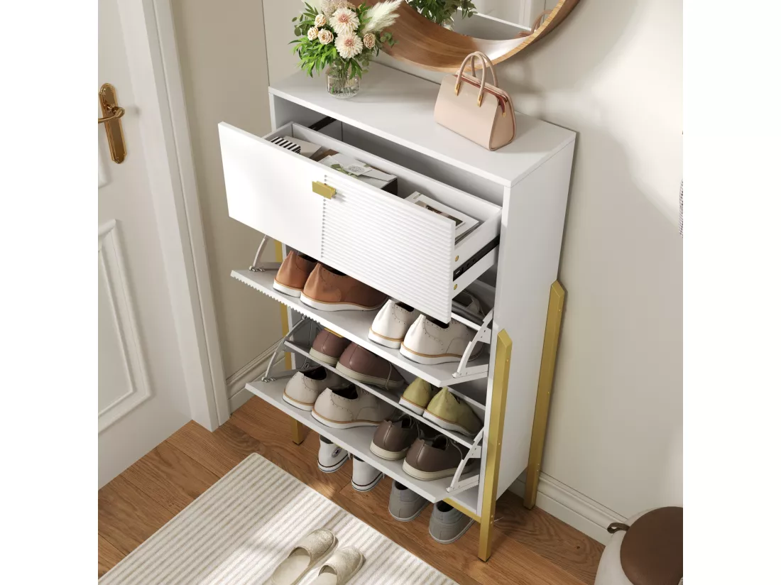 Meuble à chaussures avec 2 portes et 1 tiroir - 65 x 25 x 120.5 cm - Poignées et pieds dorés - Panneaux de particules - Blanc