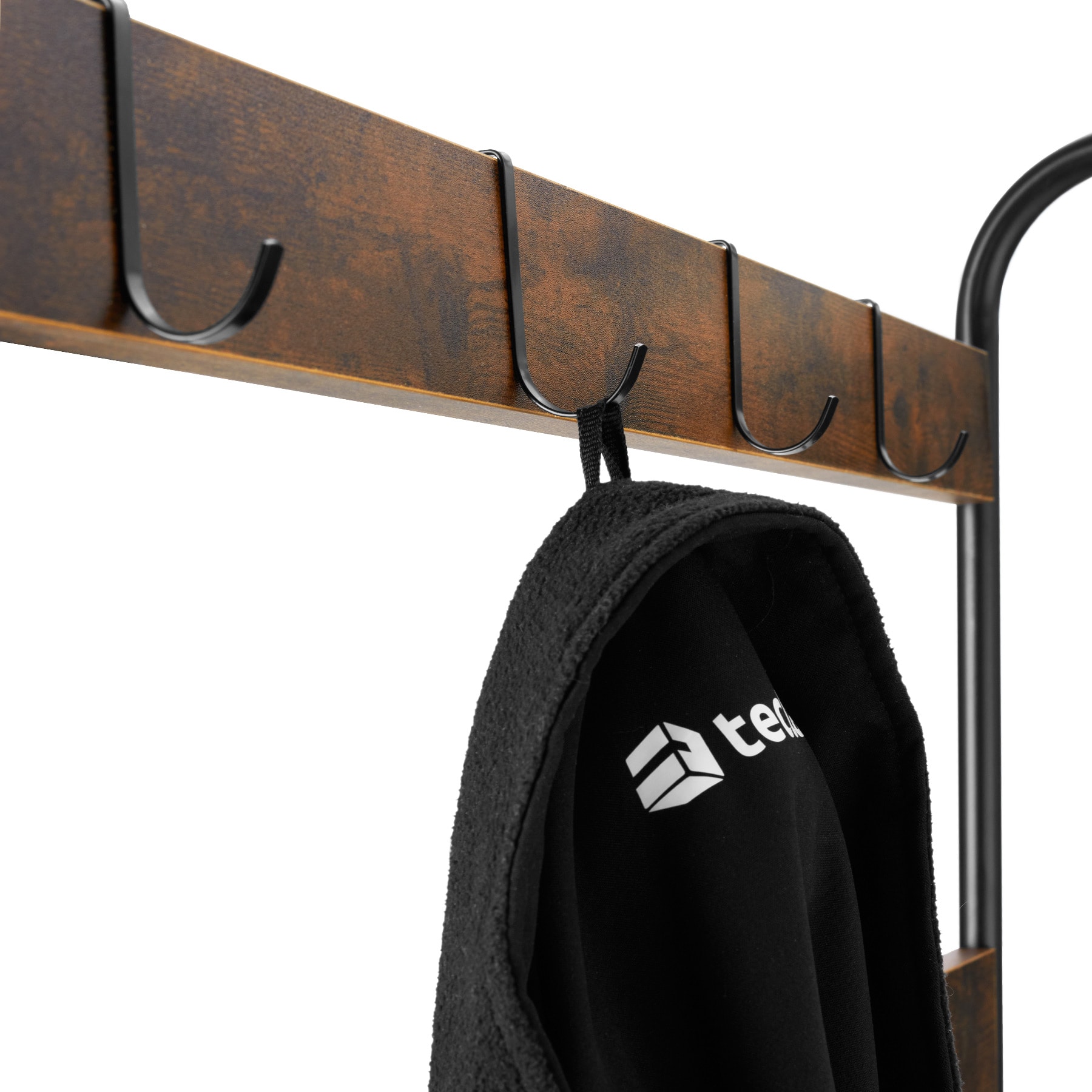 tectake® Garderobenständer, Industrial Style, mit Sitzfläche, 2 Gitterablagen und 9 abnehmbaren Haken, inklusive Kippschutz, 73,5 x 36 x 184 cm