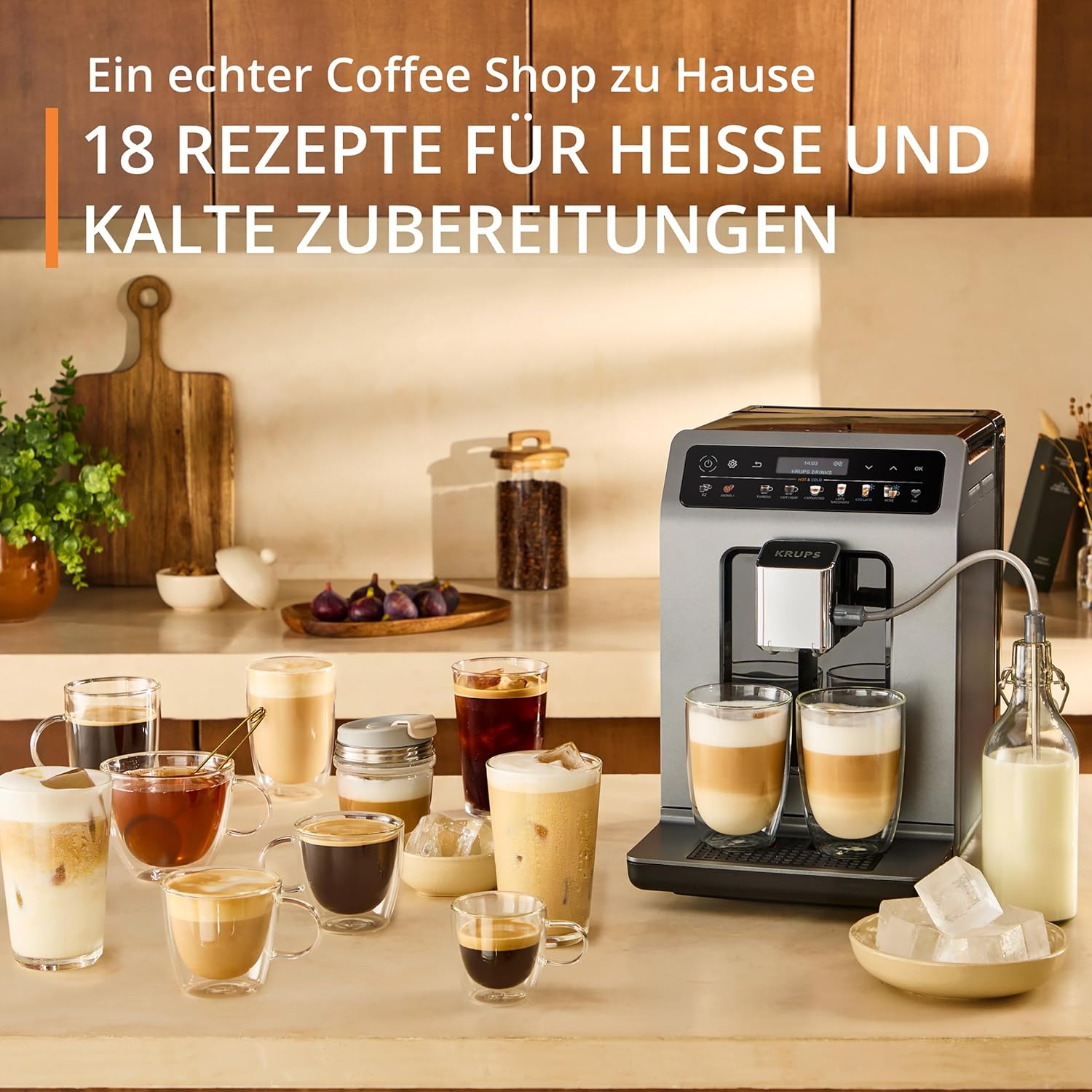 Krups Evidence Hot & Cold Kaffeevollautomat, 18 Getränkespezialitäten, heiße und kalte Getränke, One-Touch Cappuccino, Milchsystem, automatischer Pflegezyklus, schnelle Aufwärmzeit, EA898GF0