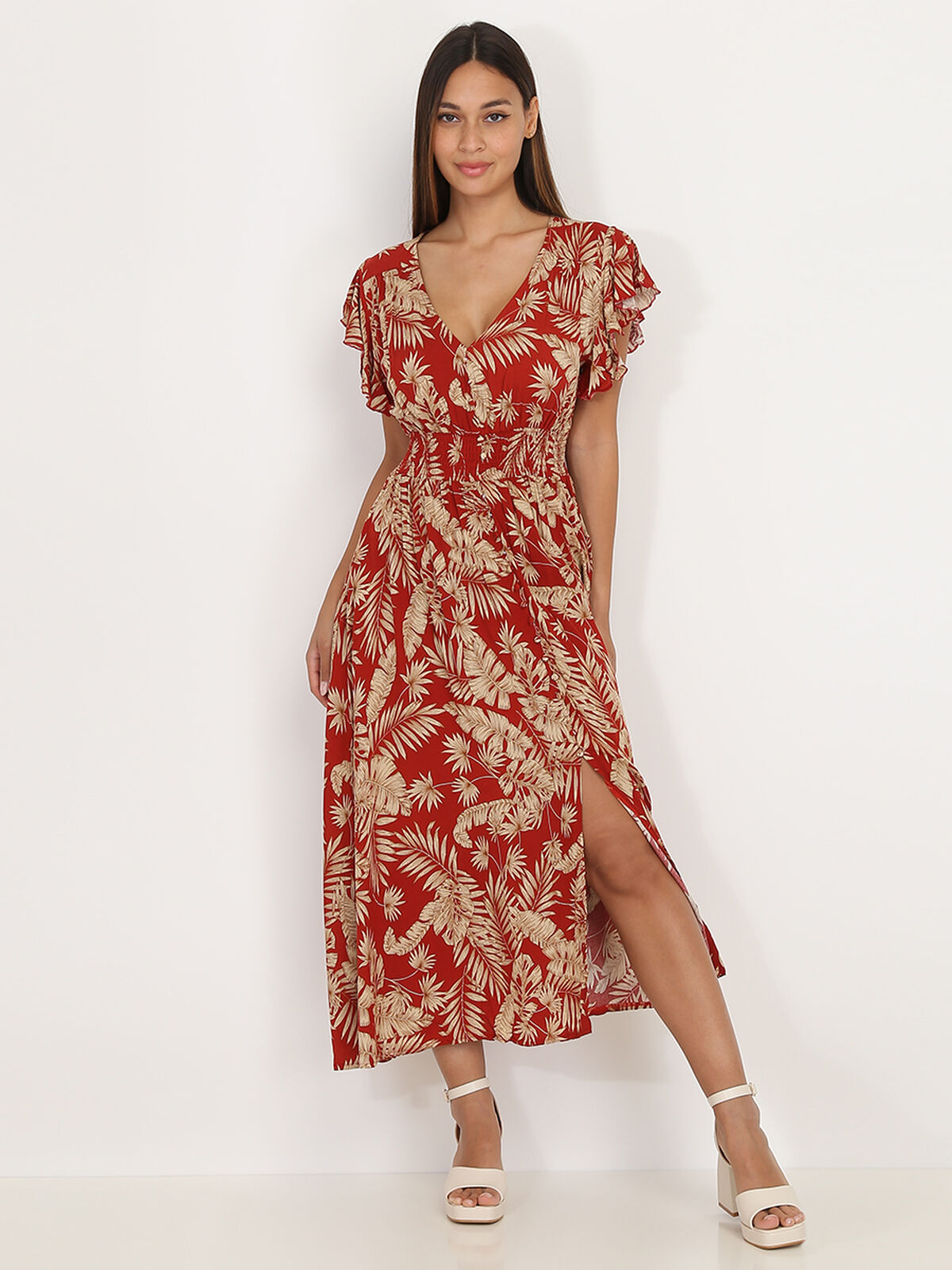 Robe mi-longue à feuilles et fente- Rouge