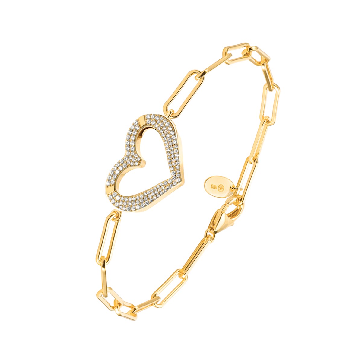 Bracelet Chaine Argent Doré Coeur Serti De Zirconiums Blancs