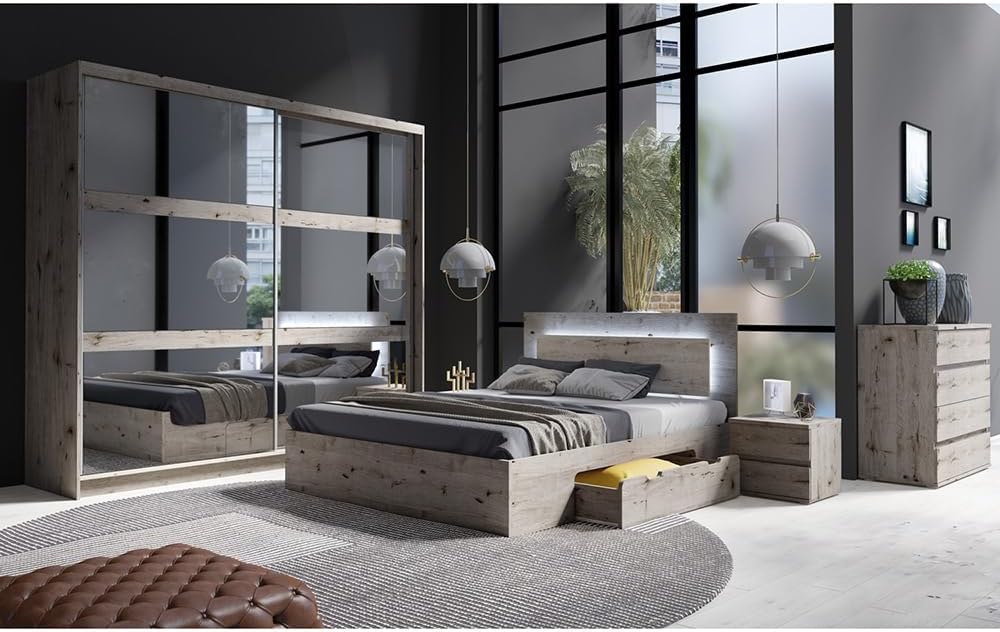 Lomadox Schlafzimmer Set 5-teilig mit Bettgestell 180x200cm, Schwebetürenschrank, Kommode, 2 Nachttische in braun Wellington Eiche Nb.
