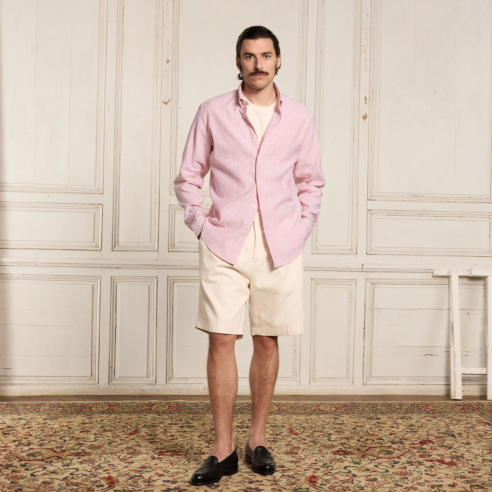 Burgundy striped cotton and linen shirt