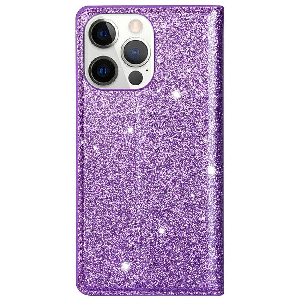 iPhone 14 Pro Max Flip Wallet Cover Leder Tasche Glitzer Optik - Lila
