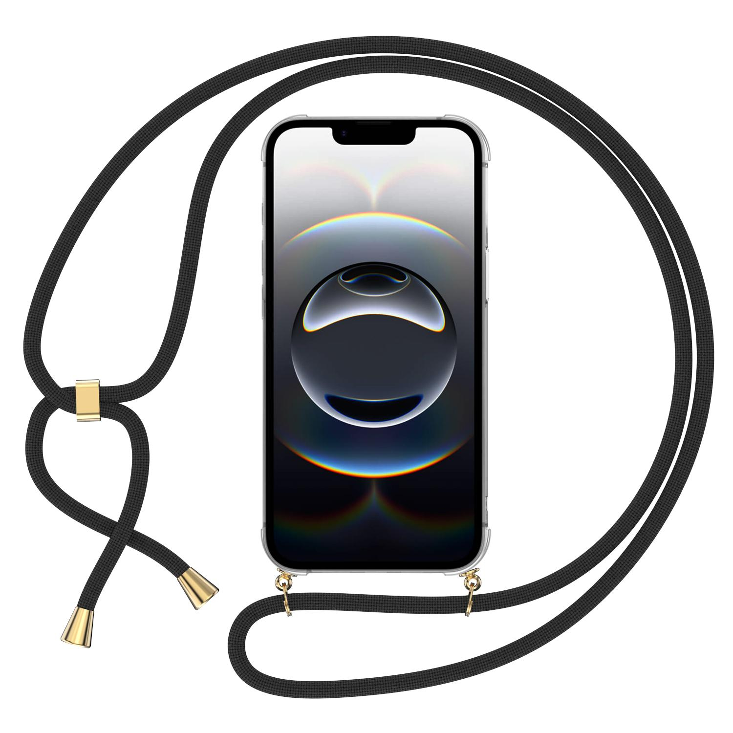 iPhone 16e Necklace Gummi Hülle Air Cushion Fallschutz   Handykette (150cm) - Schwarz / Gold