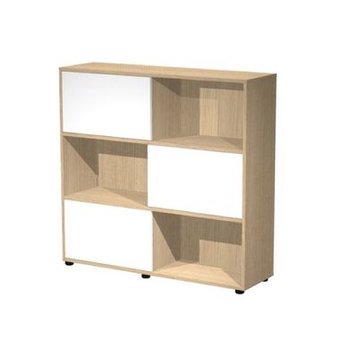 Bibliothèque mi-haute à porte coulissante - L120 x H116,2 x P35 - Corps chêne - Portes anthracite