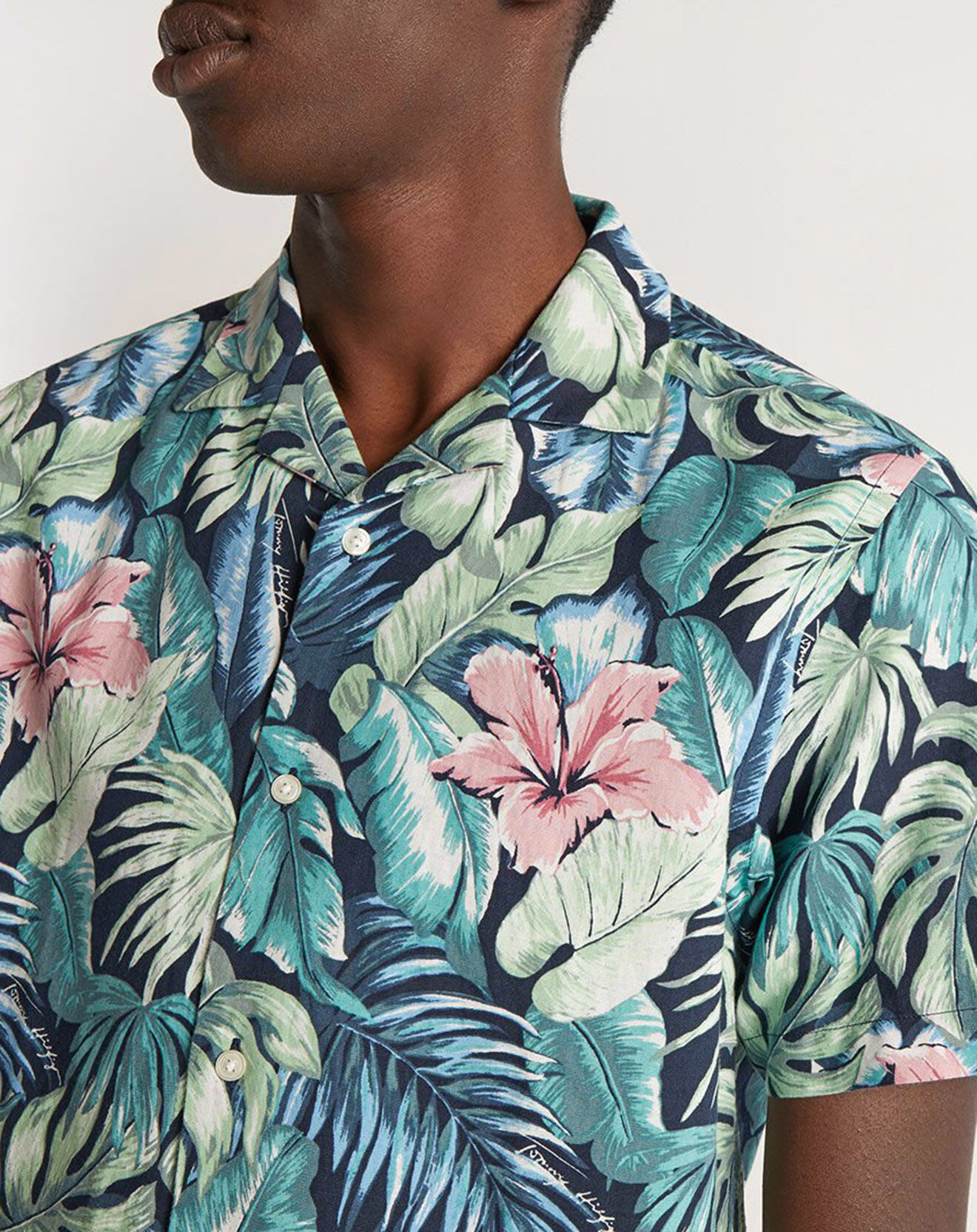 Tommy Hilfiger Chemise droite en Coton & Lin imprimée Hawai verte