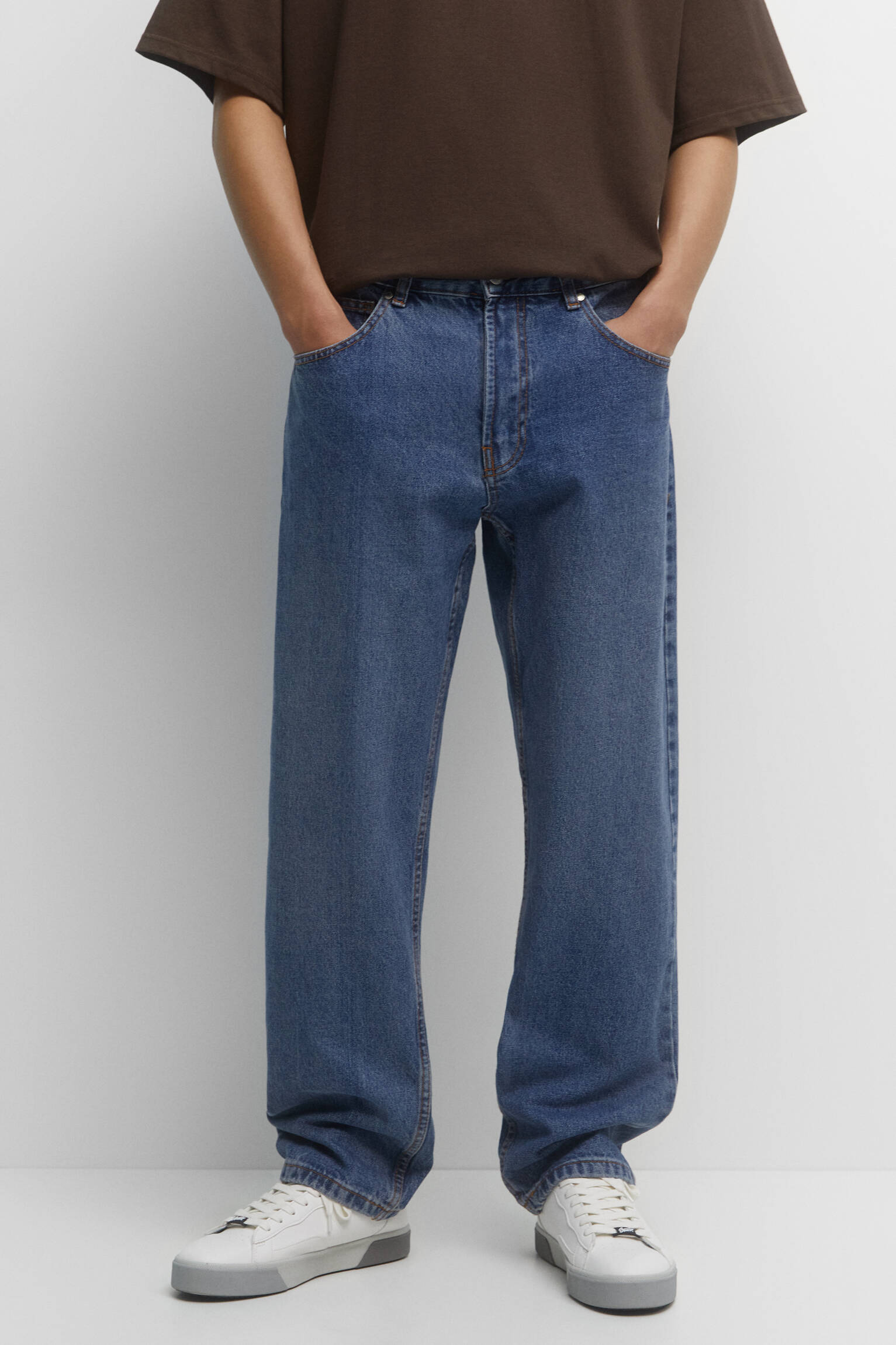 CALÇA JEANS DE ALGODÃO DE PERNA LARGA - AZUL MÉDIO