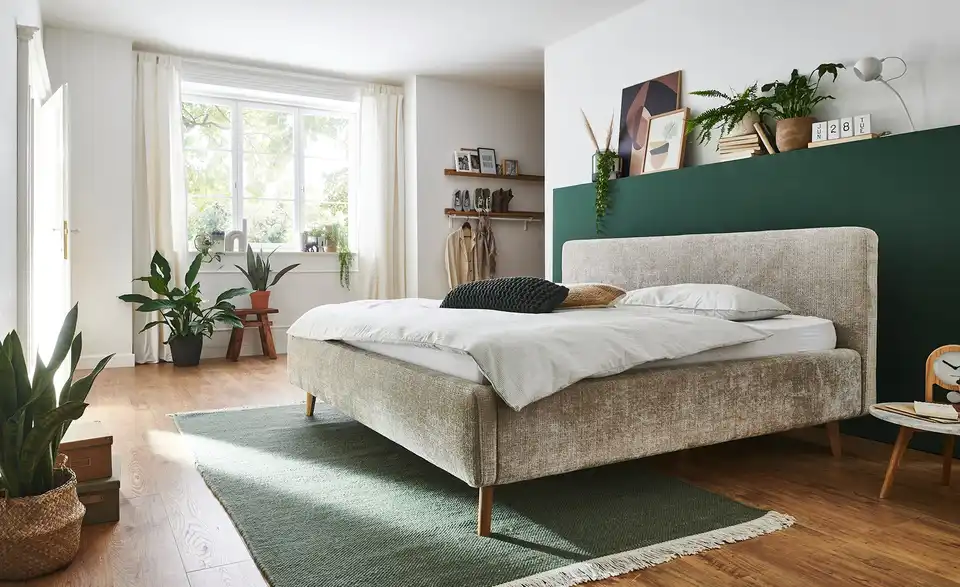 Polsterbettgestell Mattis Beige Bouclé 140 cm mit Bettkasten