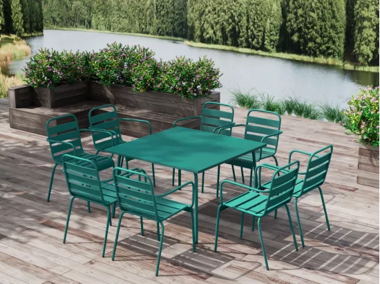 Salle à manger de jardin en métal - une table L.120 cm et 8 fauteuils empilables - Bleu canard - MIRMANDE de MYLIA