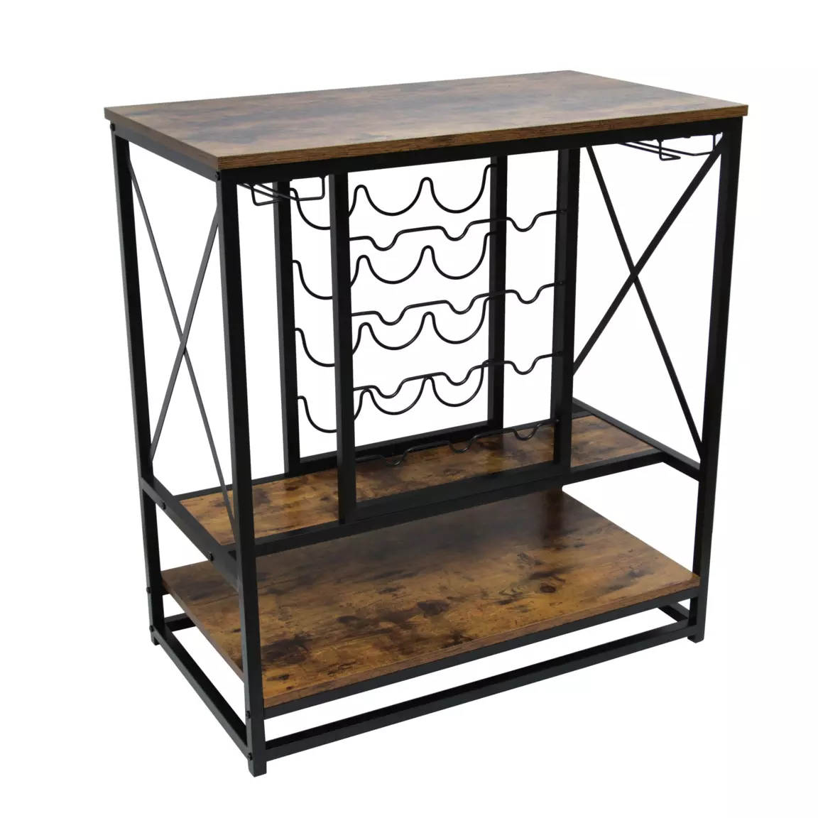 Meuble range-bouteilles industriel 12 emplacements et porte-verres (H86 cm) Louis Marron