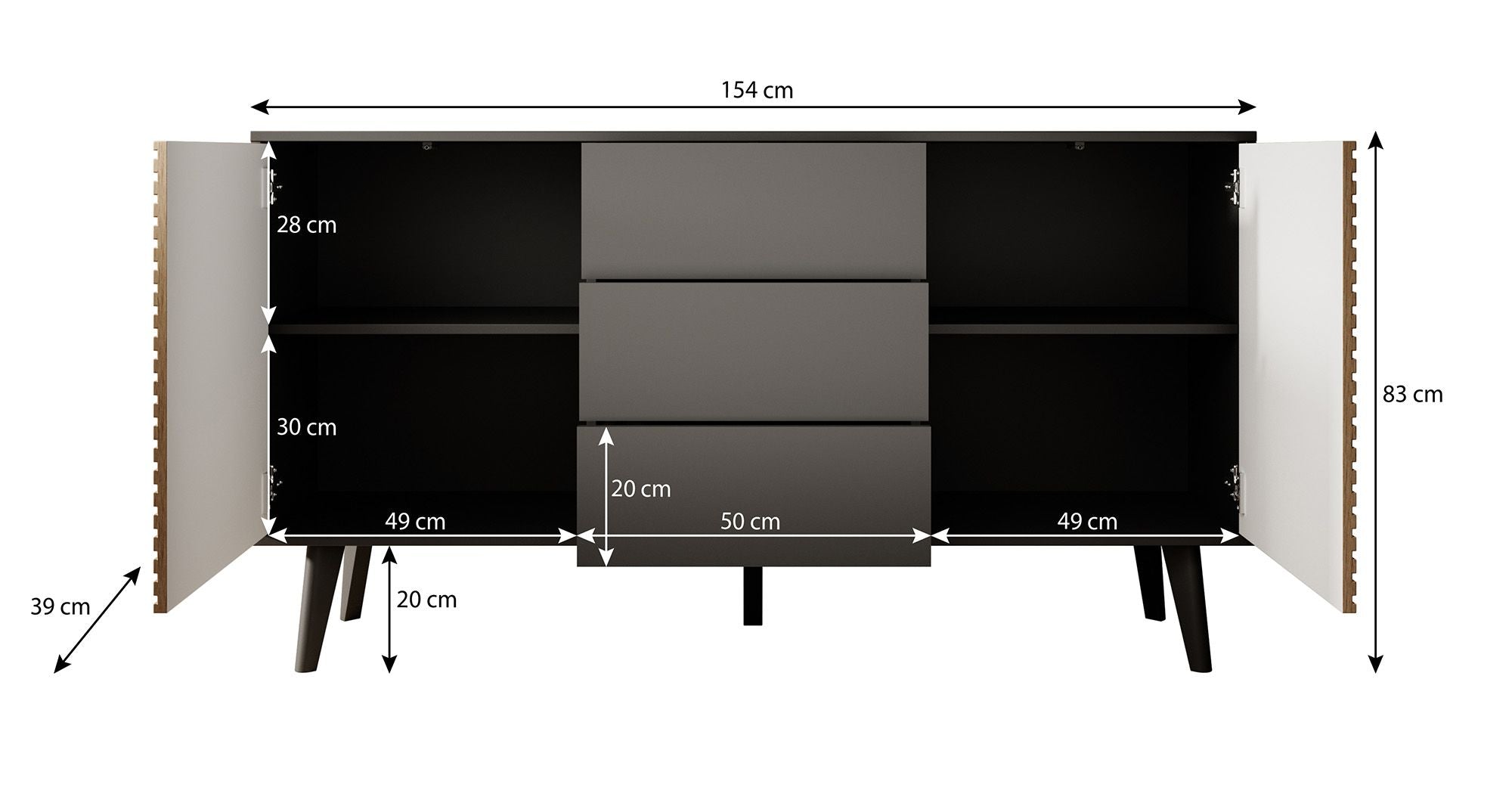 Meubella - Dressoir Palladium - Eiken - Zwart - 154 cm - met lades