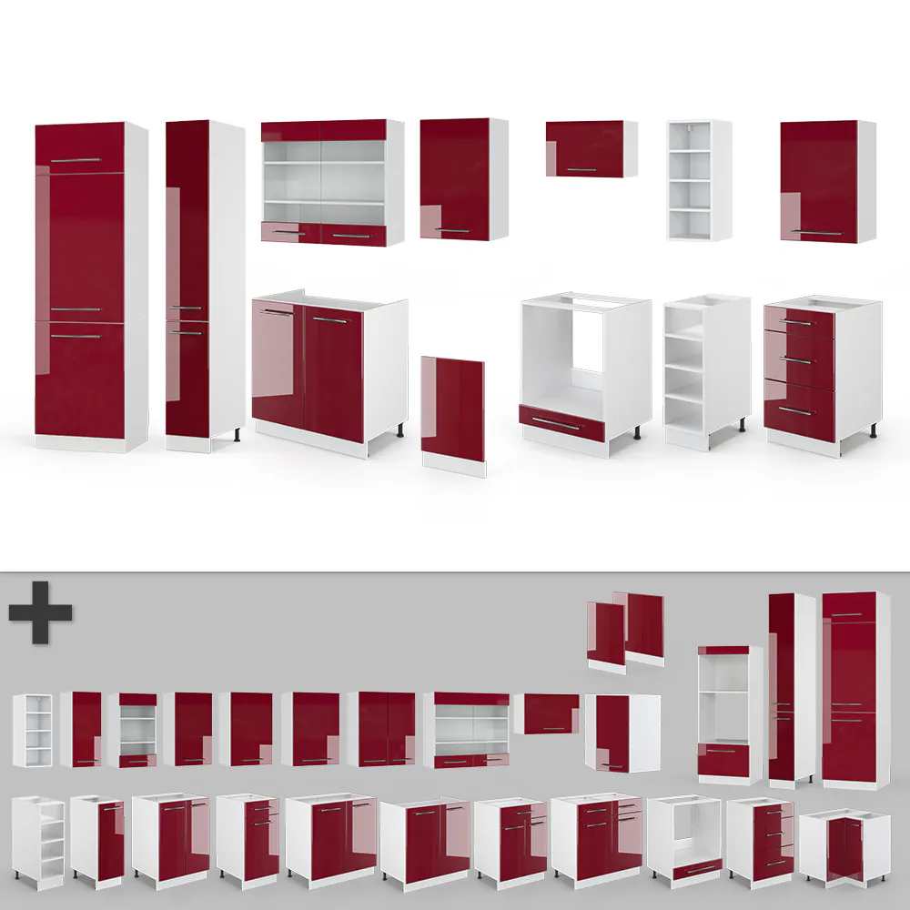 Vicco Küchenzeile Küchenblock Einbauküche 355cm Fame-Line Bordeaux Hochglanz