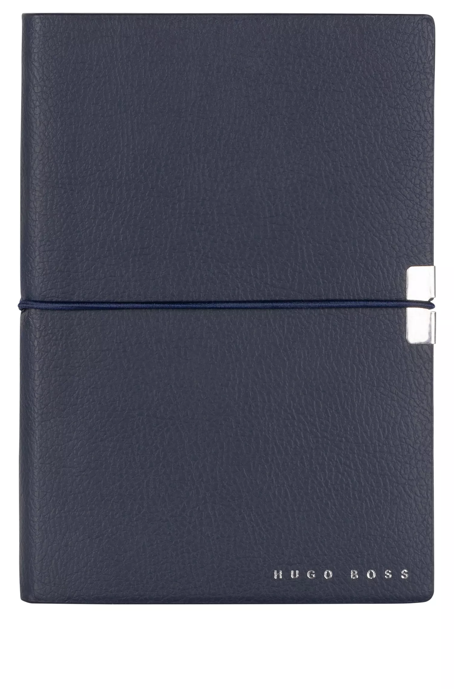 Caderno BOSS A6 preto em imitação de couro azul-marinho com elástico.