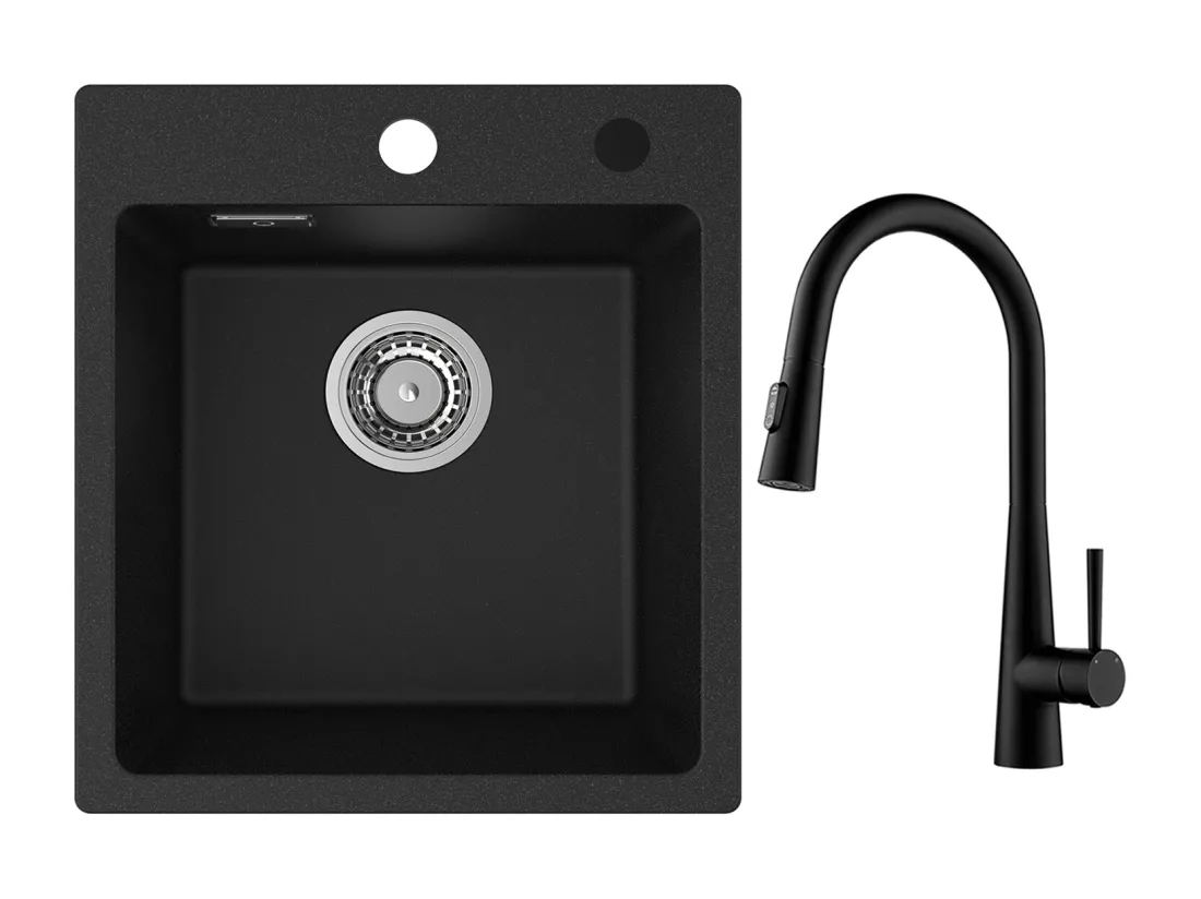 Cecipa max Evier de Cuisine en Quartz et Résine 40x45cm Evier Quartz 1 Bac Noir + Mitigeur avec Douchette Extractible, 3 Modes de Sortie D'eau, Noir