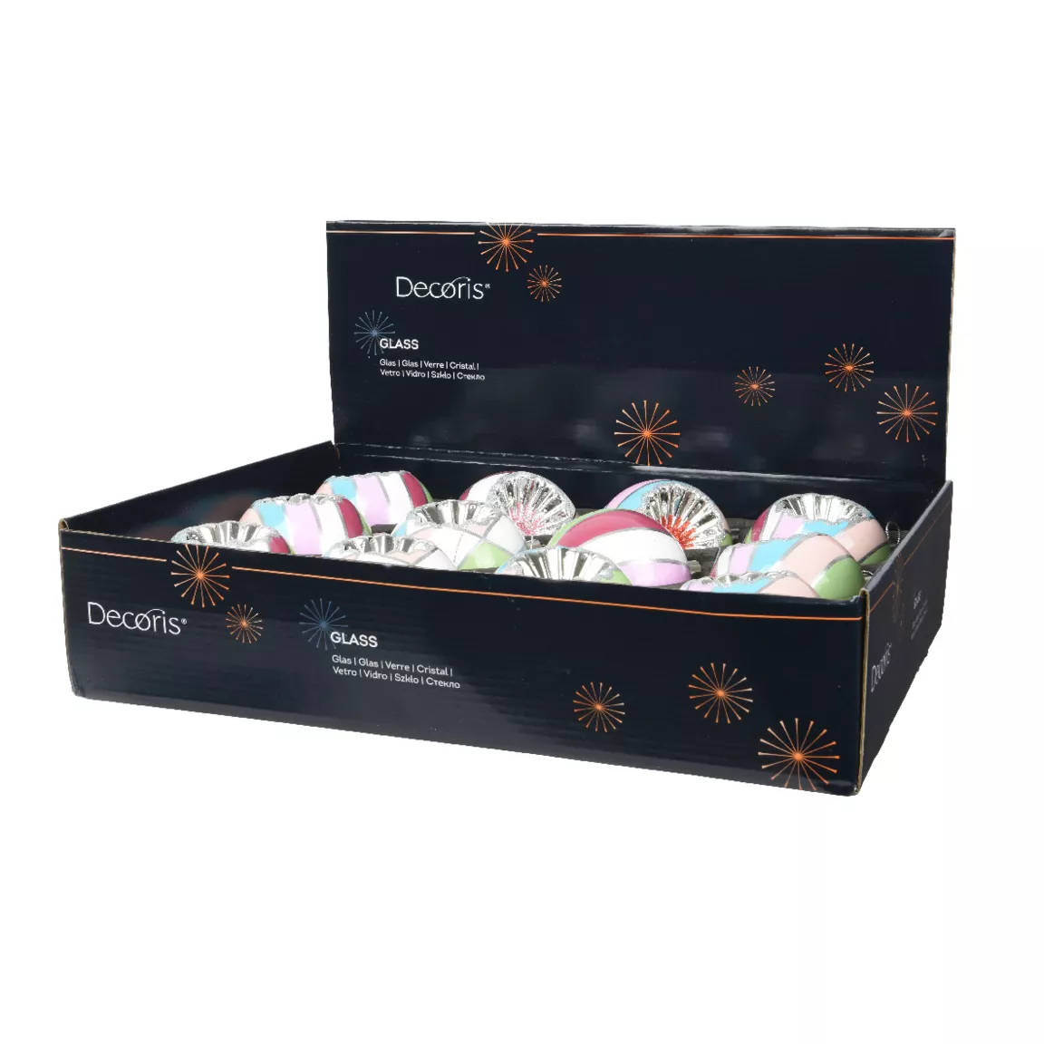 Lot de 12 boules de Noël en verre (D80 mm) Diamants colorés