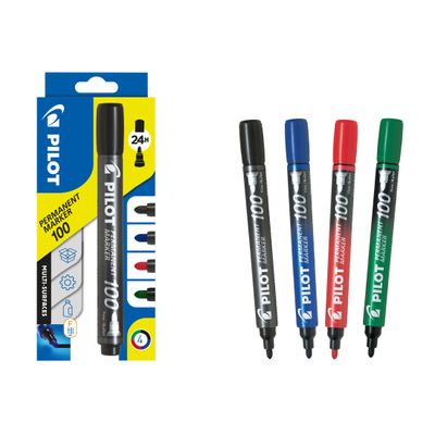 Pilot 100 - Pack de 4 marqueurs permanents - pointe ogive - noir, bleu, rouge, vert