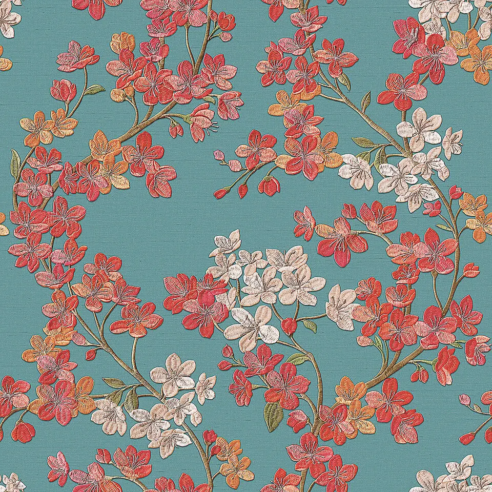 Dutch Wallcoverings - Grace Cherry blossom aqua/red - GR322205