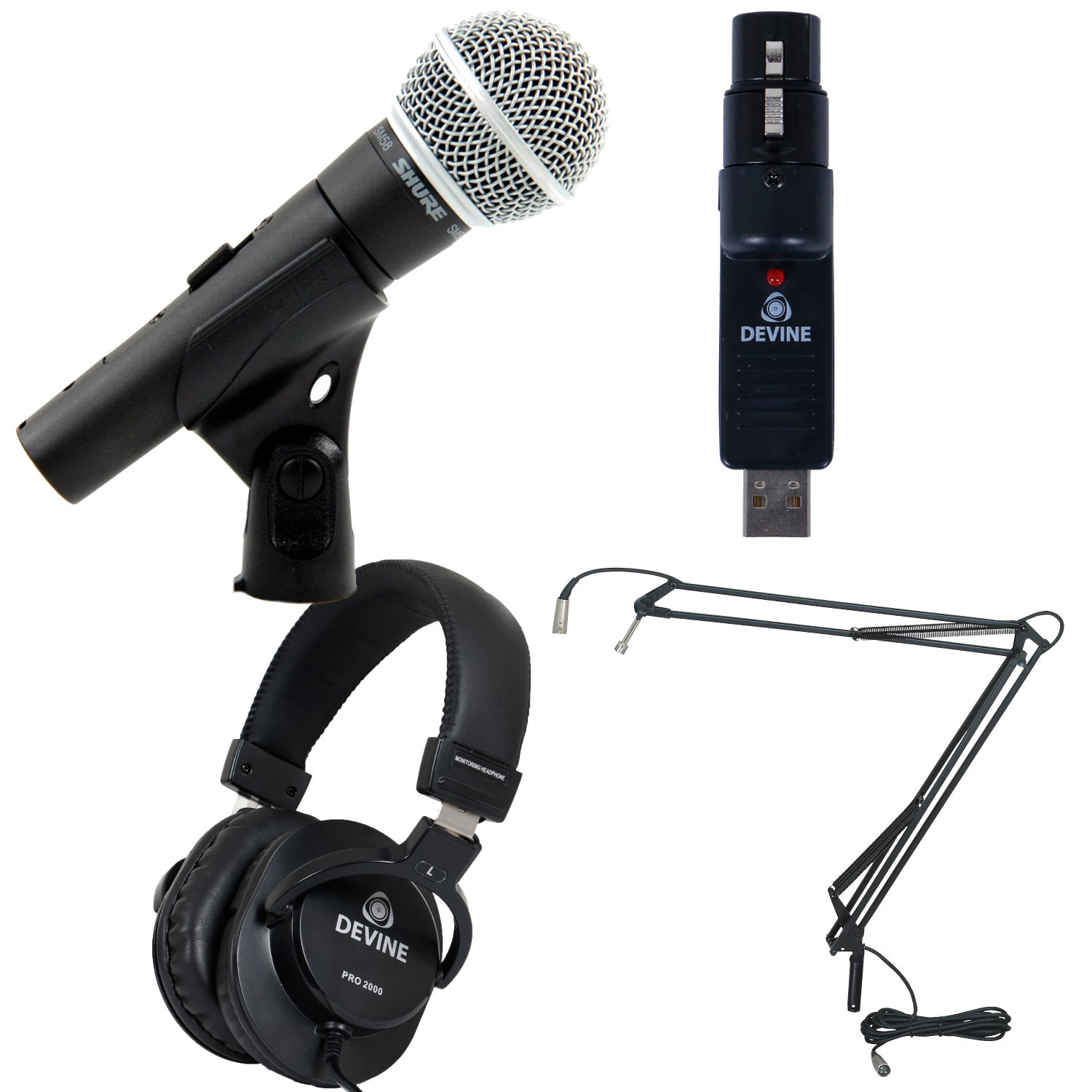 Shure SM58 SE met usb converter, koptelefoon en broadcast arm