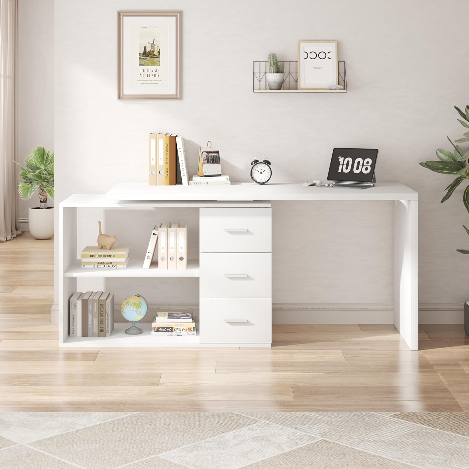 HSH Schreibtisch L Form Modern Eckschreibtisch Computertisch mit 3 Schubladen und 2 Regalen Wendbarer Eckschreibtisch mit Stauraum für Homeoffice Bürotisch Schreibtisch Weiß 140 cm