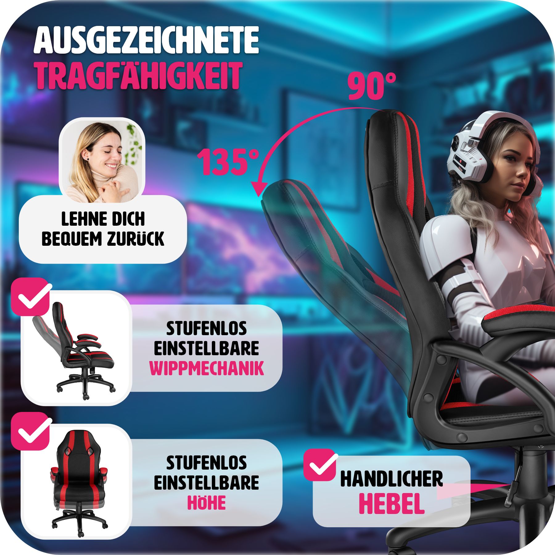 tectake® Bürostuhl, ergonomische Form, Kunstlederbezug mit Mesh-Gewebe, Belastbarkeit 120 kg