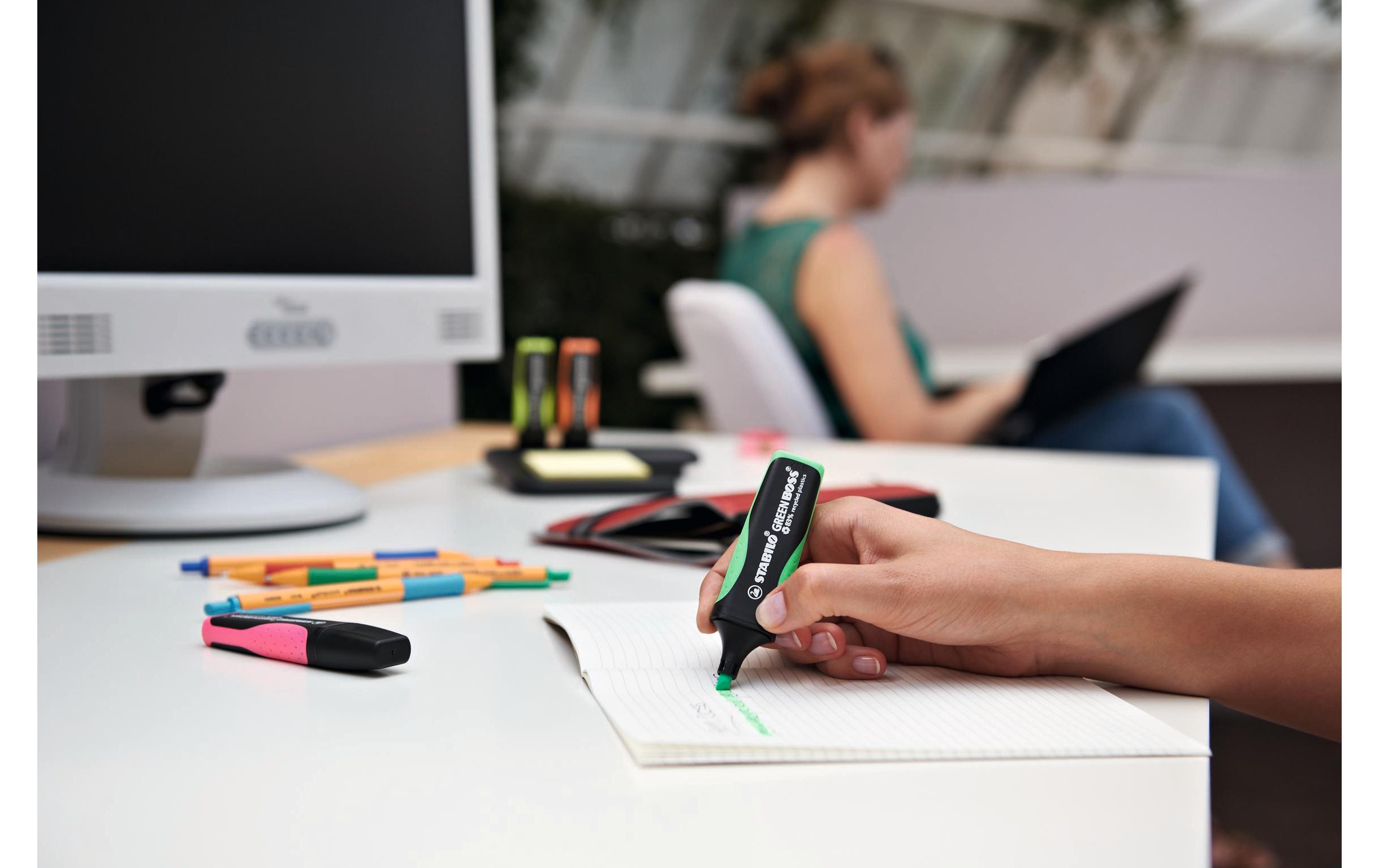 Textmarker Dispenser 5-teilig, MehrfarbigTextmarker mit praktischem Halter und Notizzettelblock für den Schreibtisch
