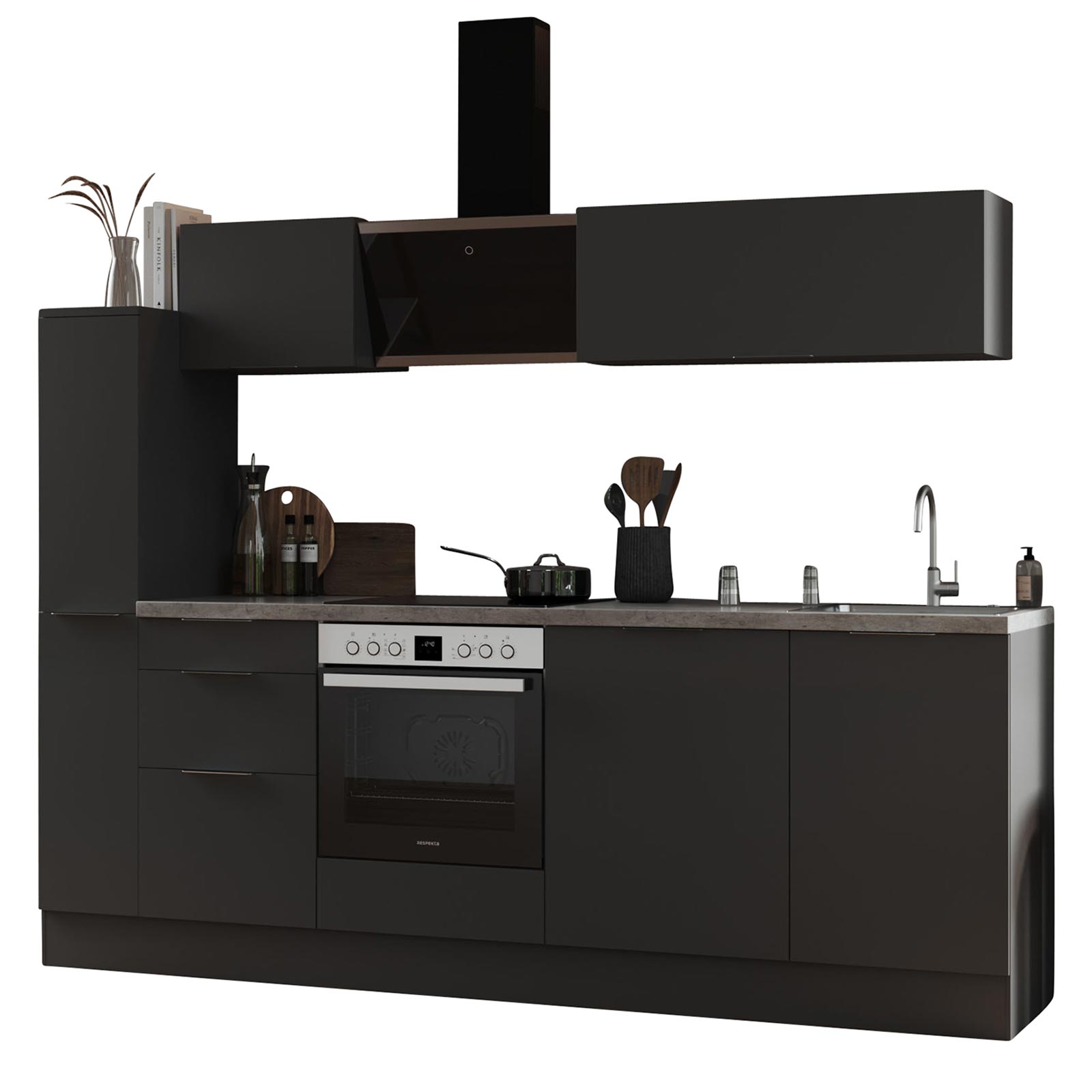 RESPEKTA Küchenblock - grau matt - mit E-Geräten - 250 cm