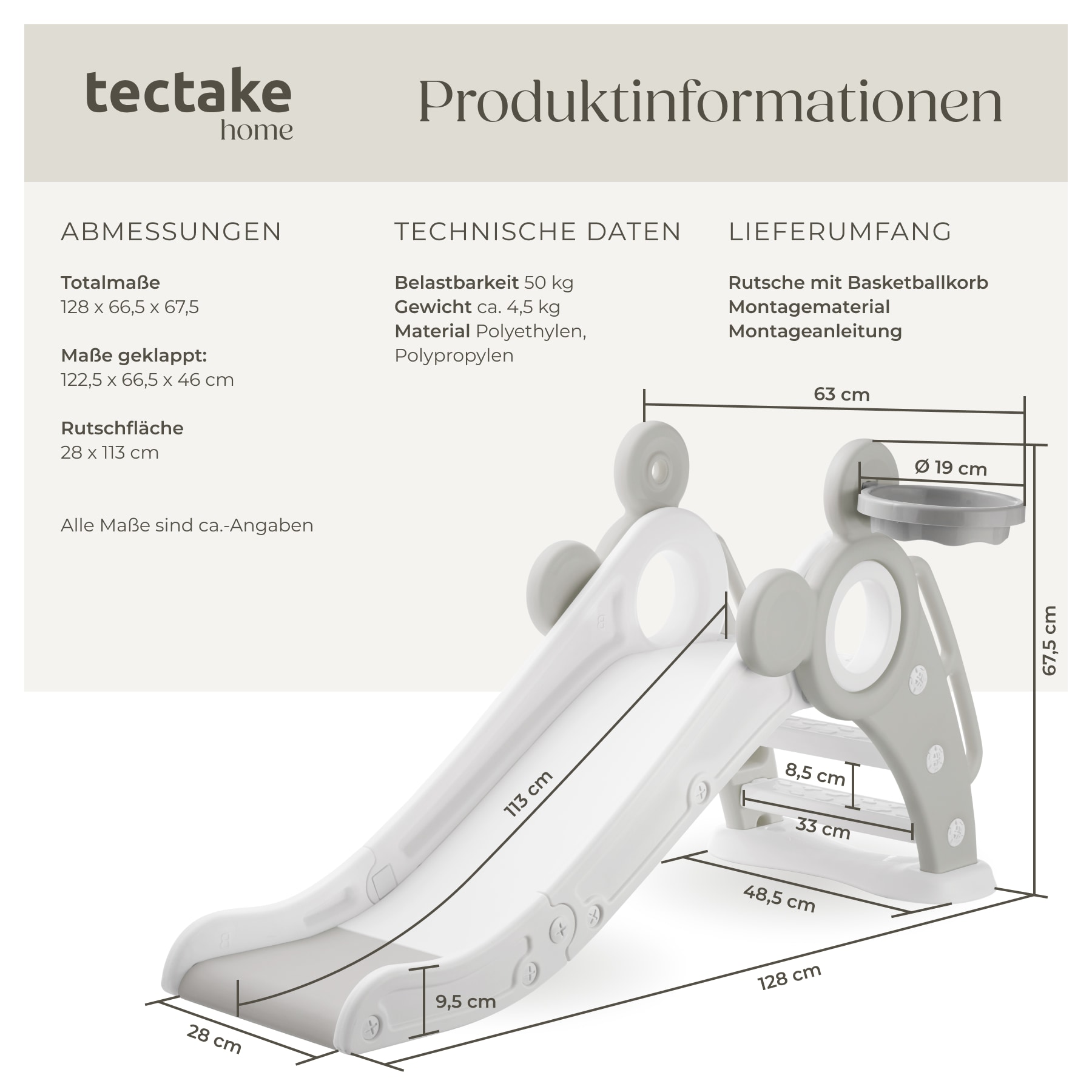 tectake® Kinderrutsche, ab 2 Jahren, In- und Outdoor, Belastbarkeit 50 kg, 128 x 66,5 x 67,5 cm