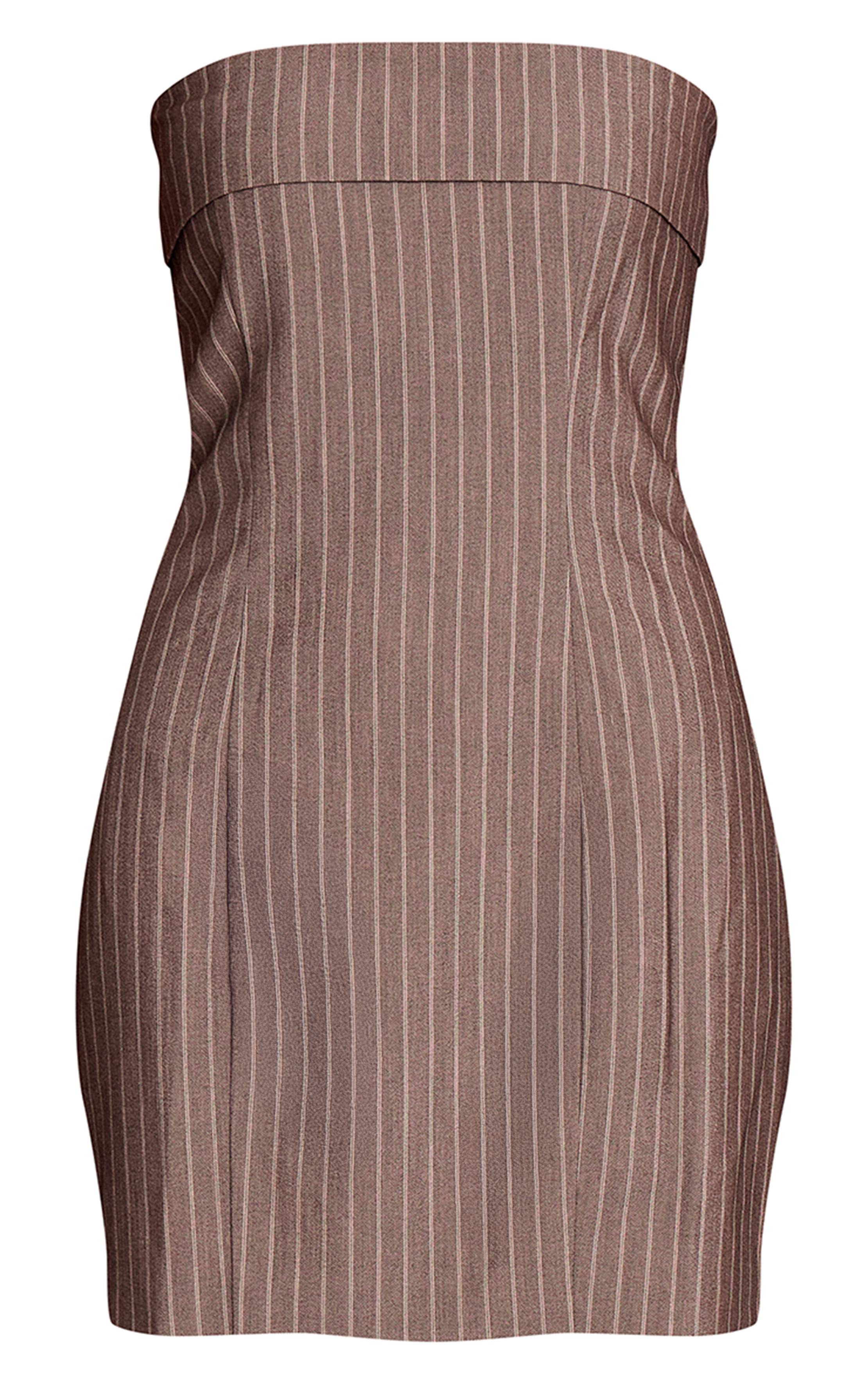 Marron Robe Moulante Bustier À Rayures Fines Avec Pli