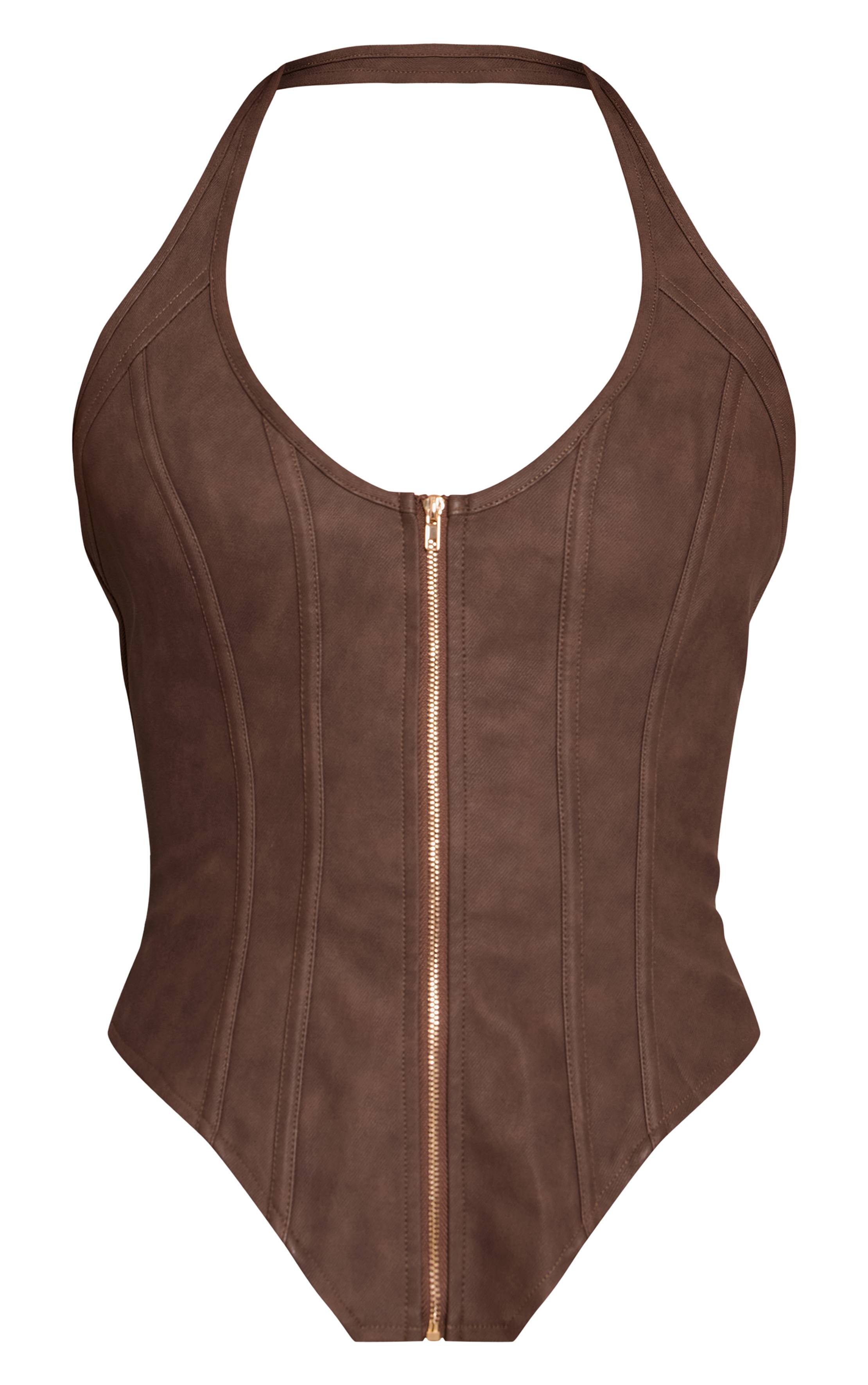 Chocolat Corset À Baleines En Synthétiquecuir Texturé Avec Ourlet Plongeant